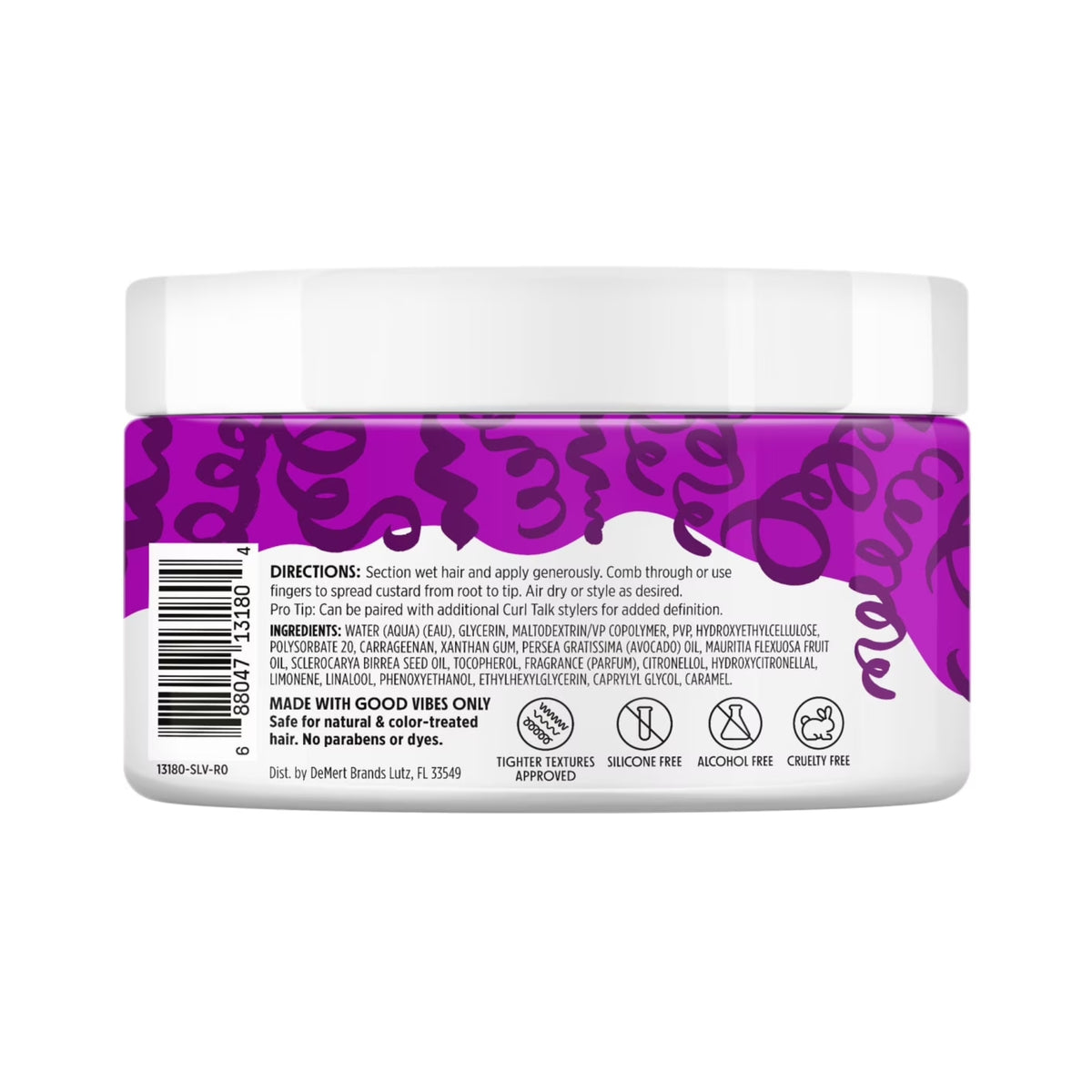 Bagside af Curl Talk hårcremekrukke med lilla snoet mønster, brugsanvisning, ingredienser og cruelty free-ikoner.