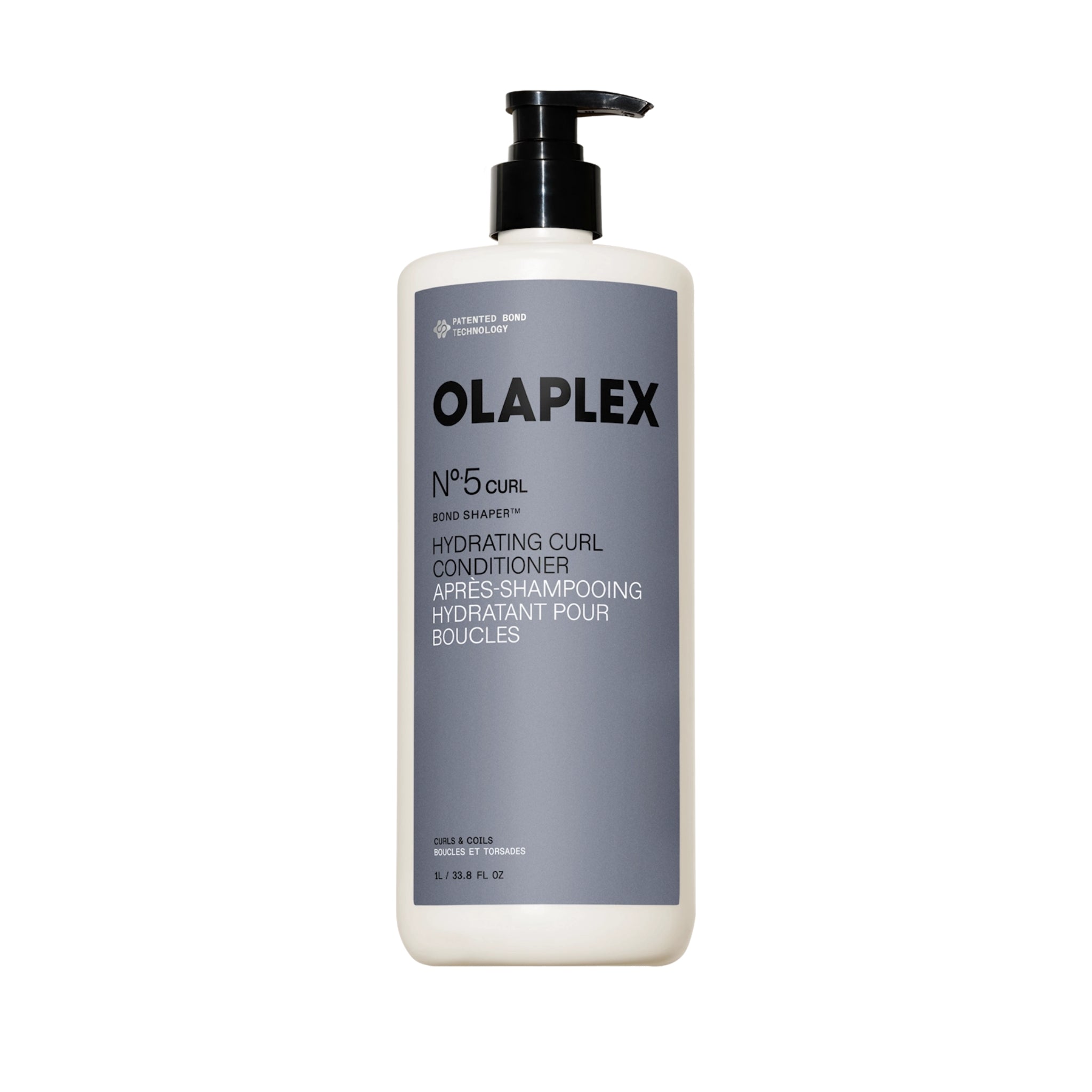 Olaplex Nº.5 Curl Bond Shaper hydrating curl conditioner i hvid pumpeflaske med gråt label, 1L.