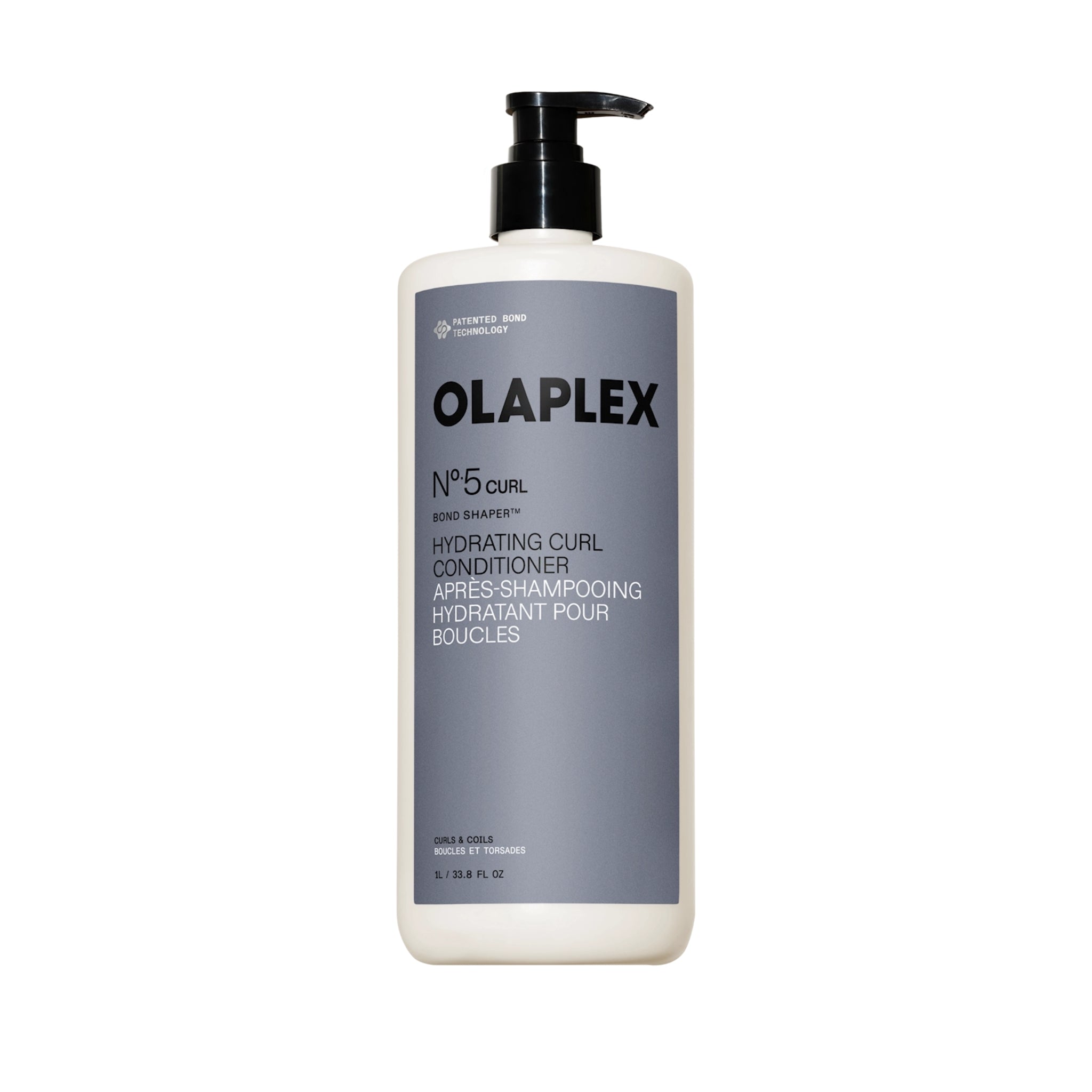 Olaplex No.5 Curl Bond Shaper hydrating curl conditioner i 1L pumpeflaske med grålilla etikette.