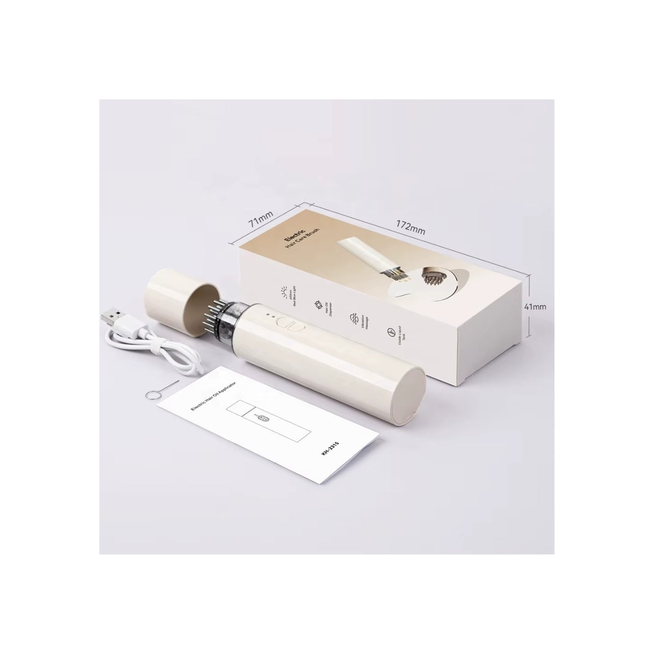 Olie- og serum-infusionspen vist sammen med tilbehør: USB-ladekabel, brugervejledning og original emballage med mål angivet.