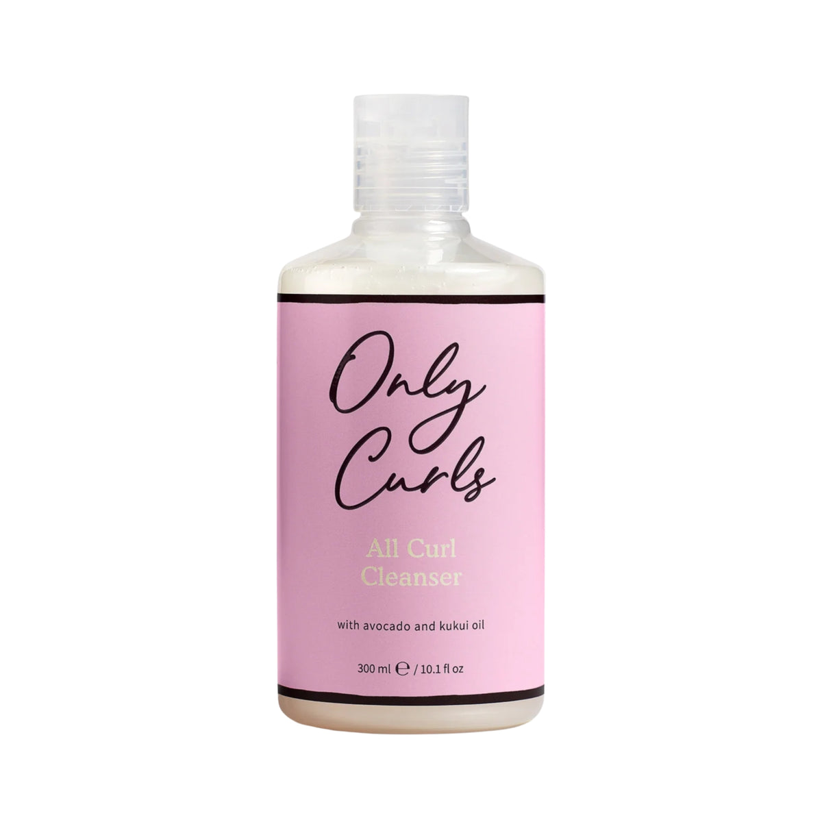 Only Curls All Curl Cleanser, 300 ml flaske med lyserød etiket og avocado samt kukui olie.