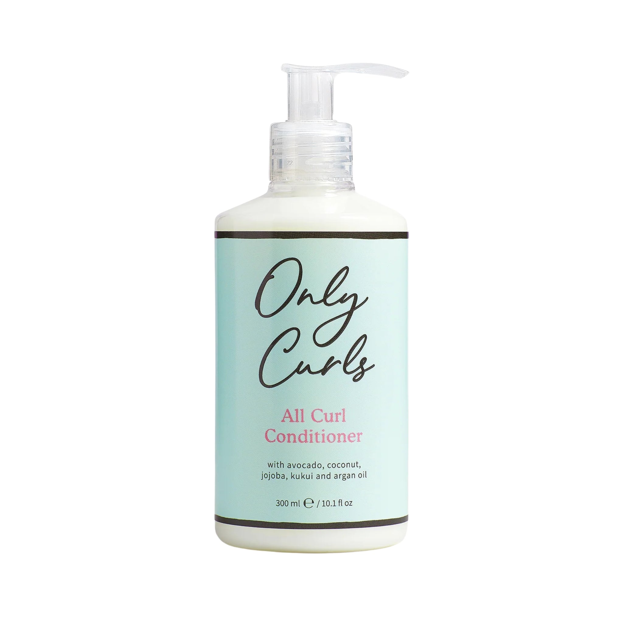 Only Curls All Curl Conditioner, 300 ml pumpeflaske med mintgrøn etiket og avocado, kokos og argan olie.