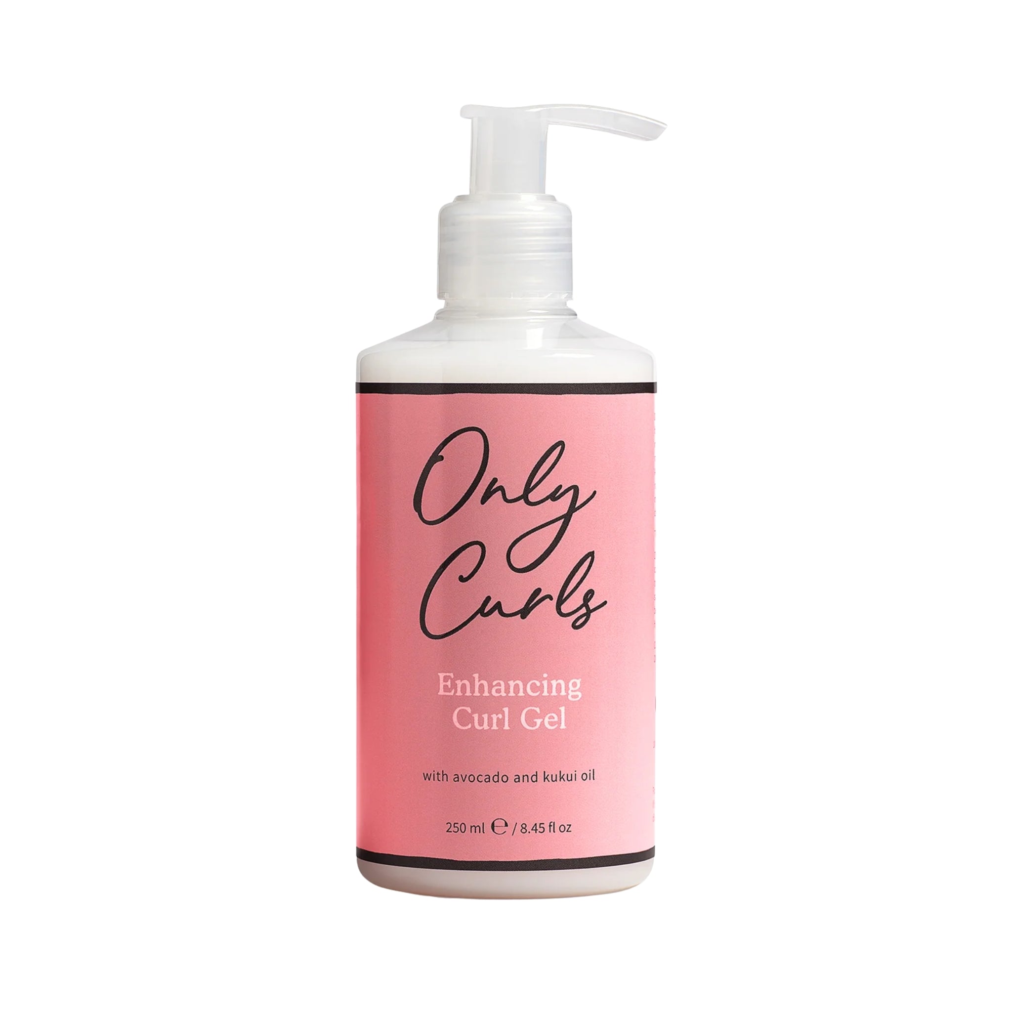 Only Curls Enhancing Curl Gel i hvid pumpeflaske med lyserosa etiket, 250 ml, med avocado og kukui olie.