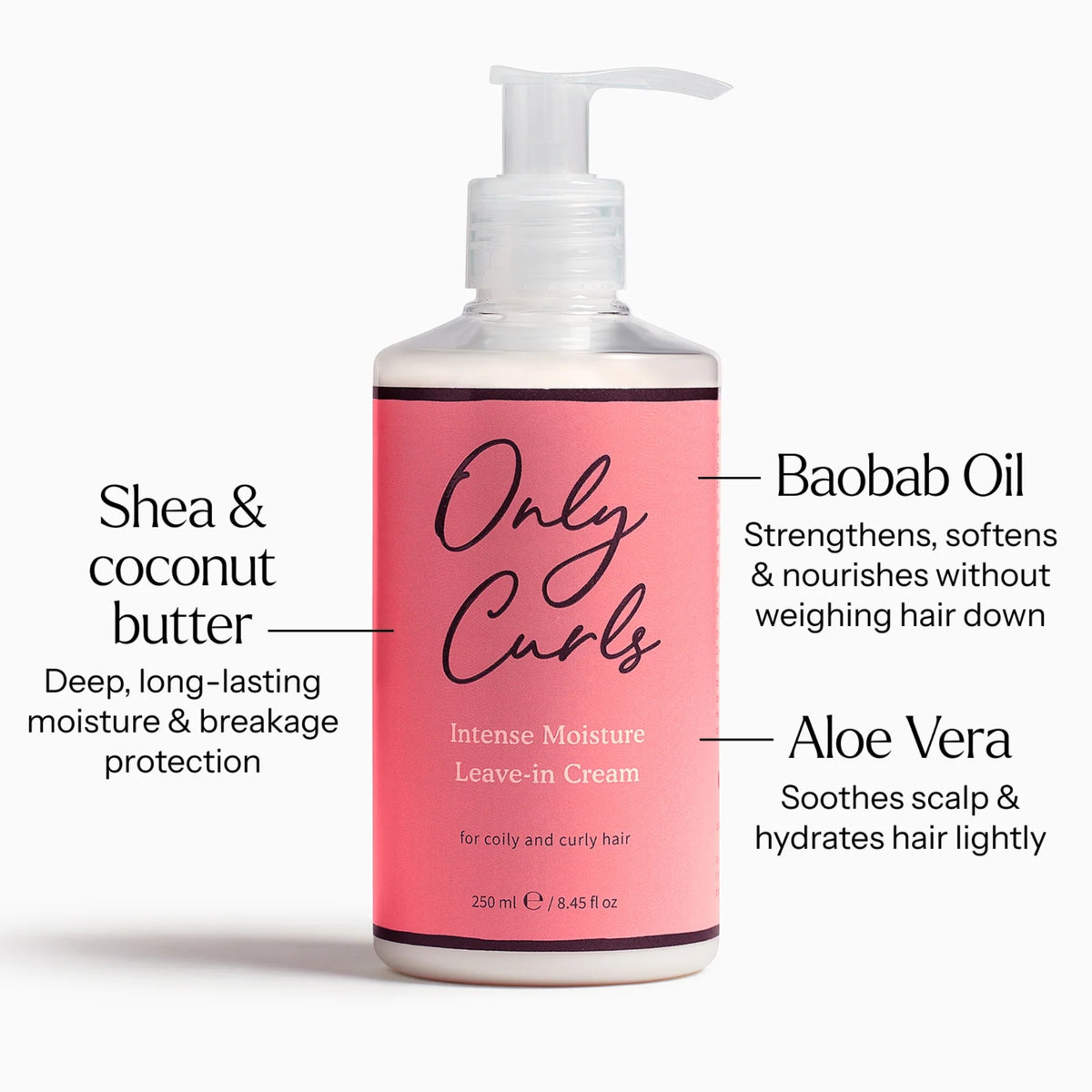 Only Curls Intense Moisture Leave-in Cream pumpeflaske med shea, kokosnød, baobab-olie og aloe vera til krøllet hår.