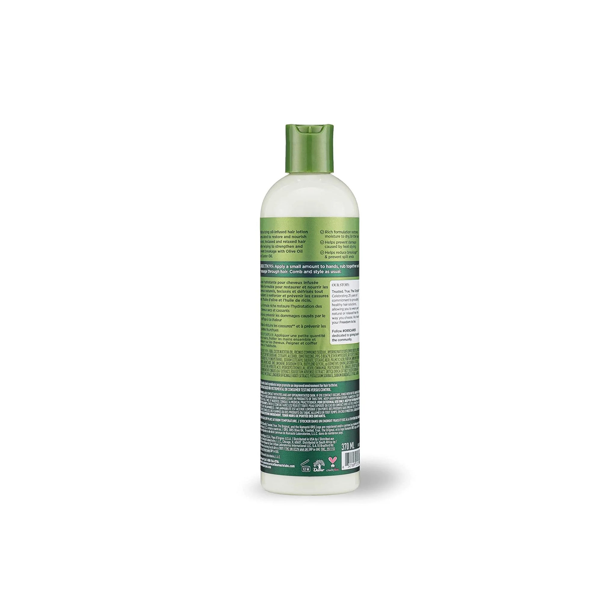 Bagsiden af flasken med ORS Olive Oil Incredibly Rich Oil Moisturizing Hair Lotion. Viser ingrediensliste og brugsanvisning.