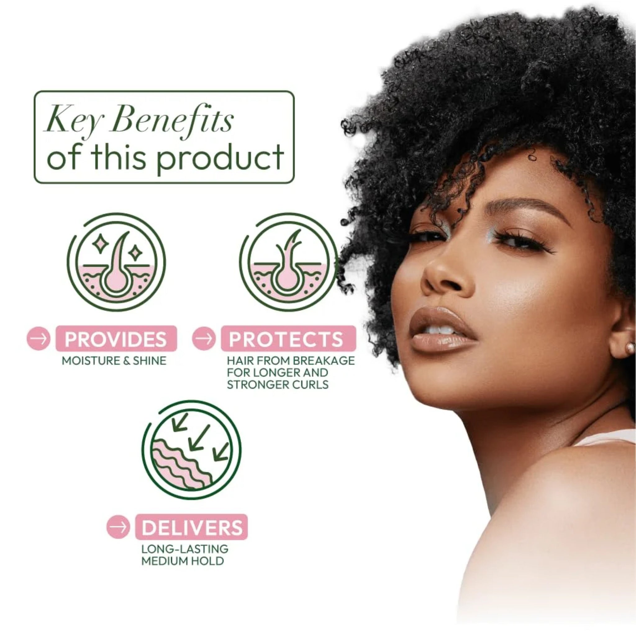 Key Benefits ikoner viser fugt, glans og holdbarhed – kvinde med naturlige krøller ved siden af.