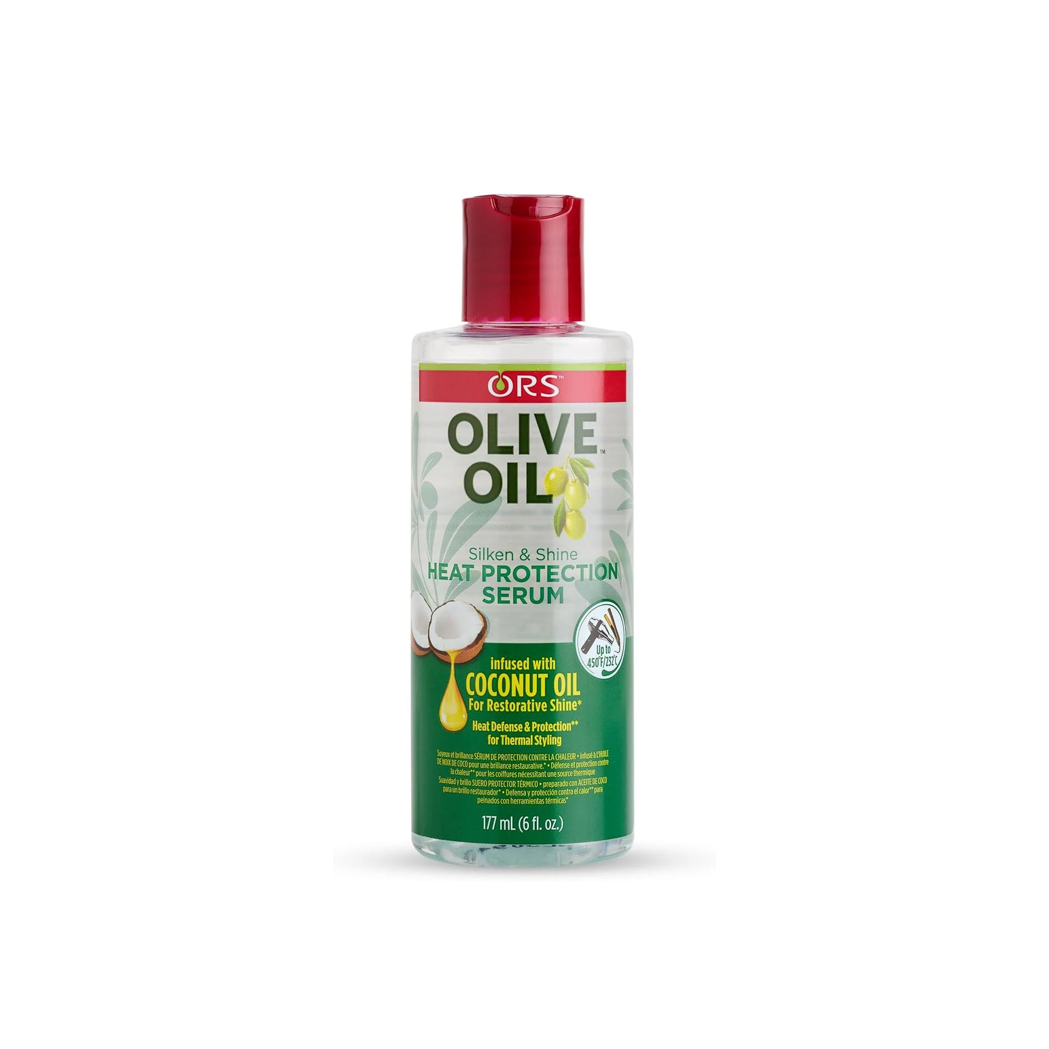 ORS Olive Oil Heat Protection Serum 177ml flaske. Et rødt produkt med en hvid etiket, der viser en illustration af oliven. 