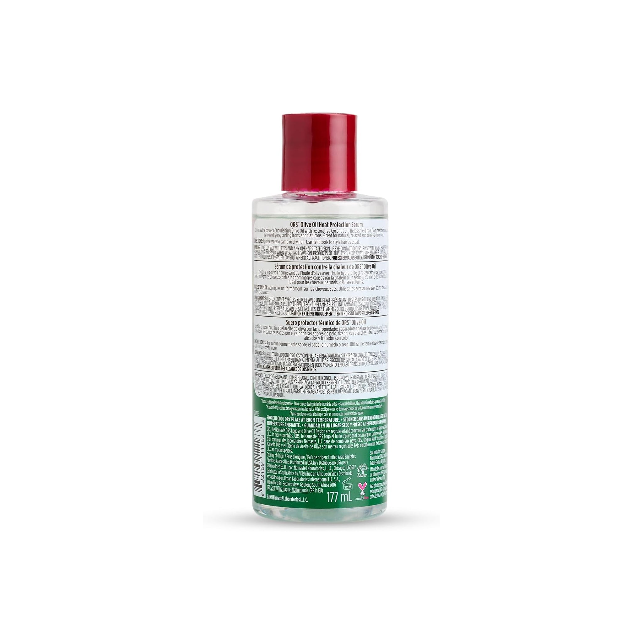 ORS Olive Oil Heat Protection Serum 177ml flaske. Bageste etikette med produktinformationer på flere sprog.