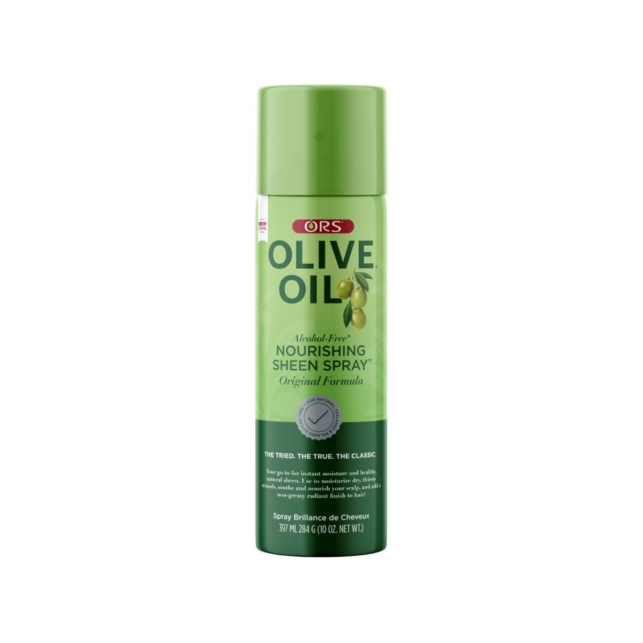 Grøn ORS Olive Oil Nourishing Sheen Spray i metalbeholder, vist mod en hvid baggrund.