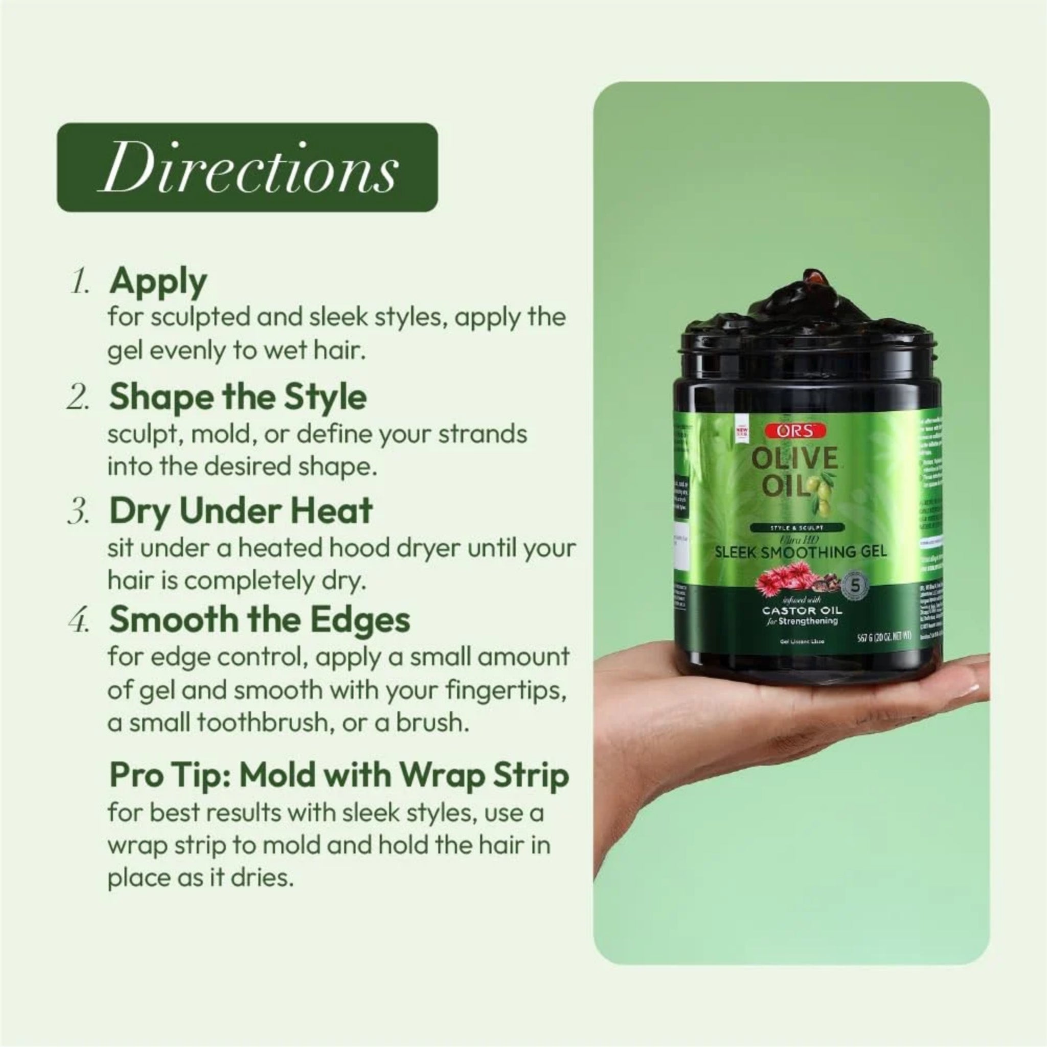ORS Olive Oil Sleek Smoothing Gel med Castor Oil holdt i hånd, med brugsanvisning i fire trin til styling.