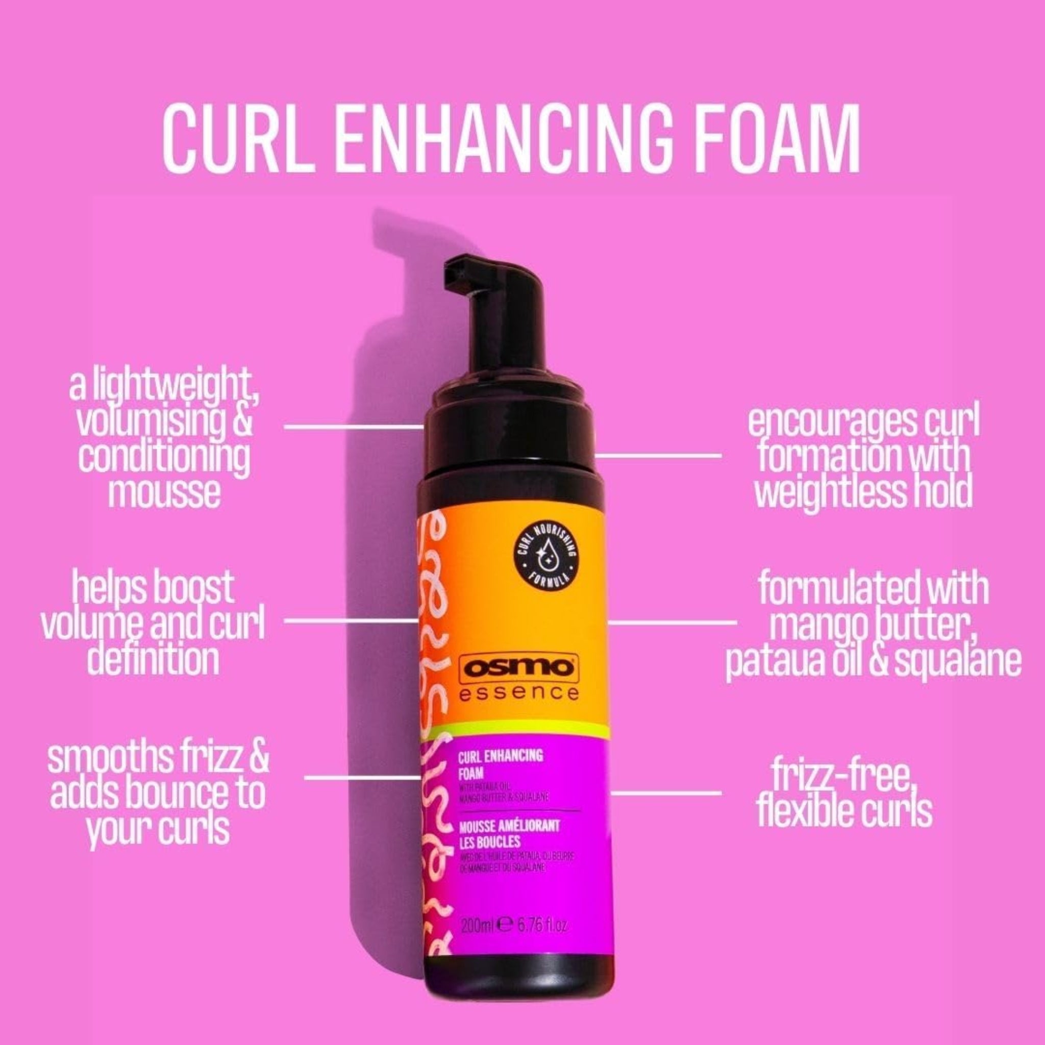 Osmo Essence Curl Enhancing Foam, sort pumpeflaske med orange-lilla etiket på pink baggrund.