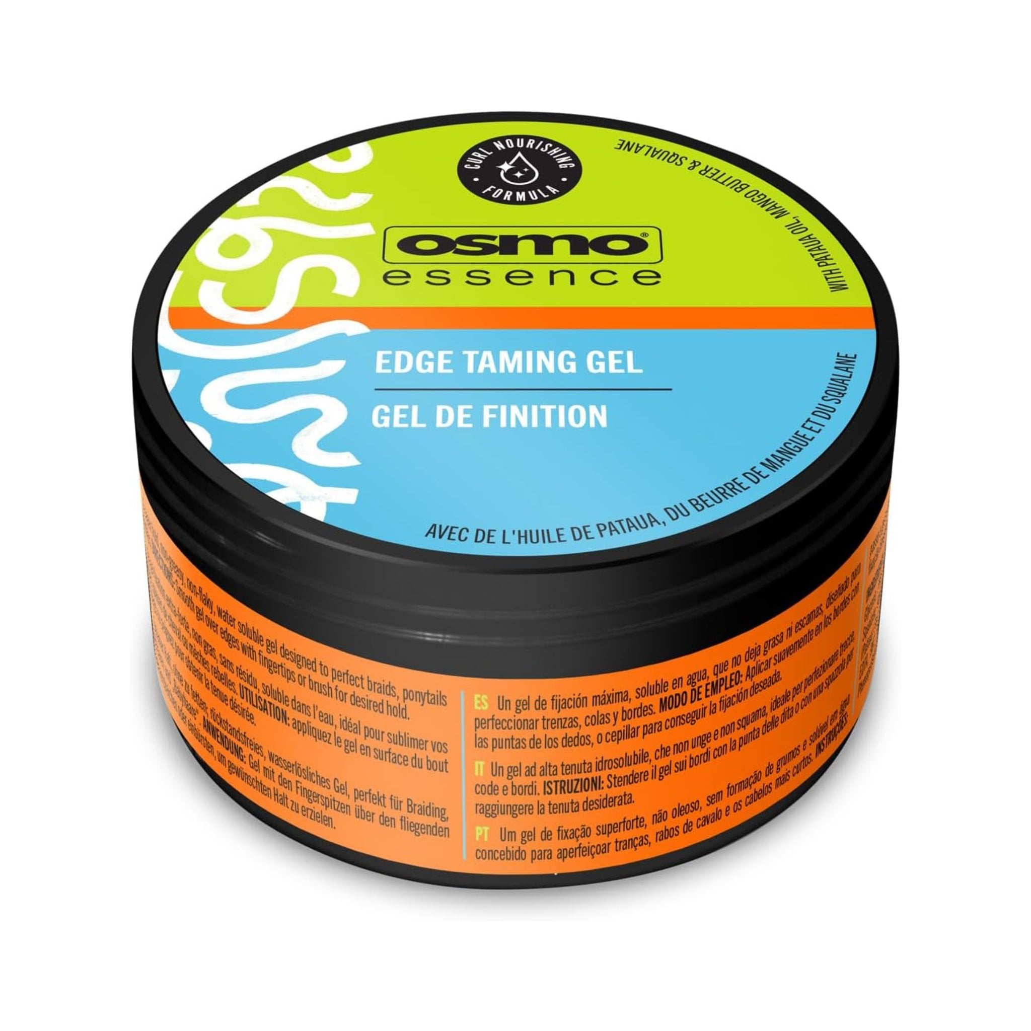 Osmo Essence Edge Taming Gel dåse med grøn, blå og orange etiket til flettede frisurer.