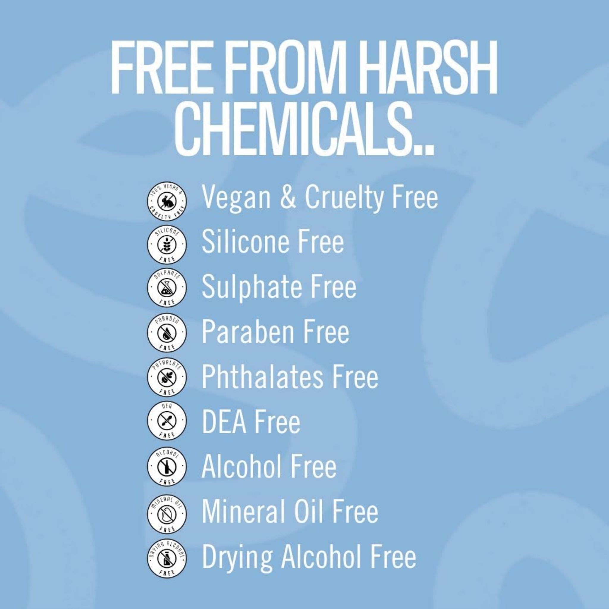 Infografik med hvide ikoner på blå baggrund, der viser produktets frihed fra skadelige kemikalier: vegansk, cruelty free, silikone-, sulfat-, paraben-, phthalat-, DEA-, alkohol- og mineralolie-fri.
