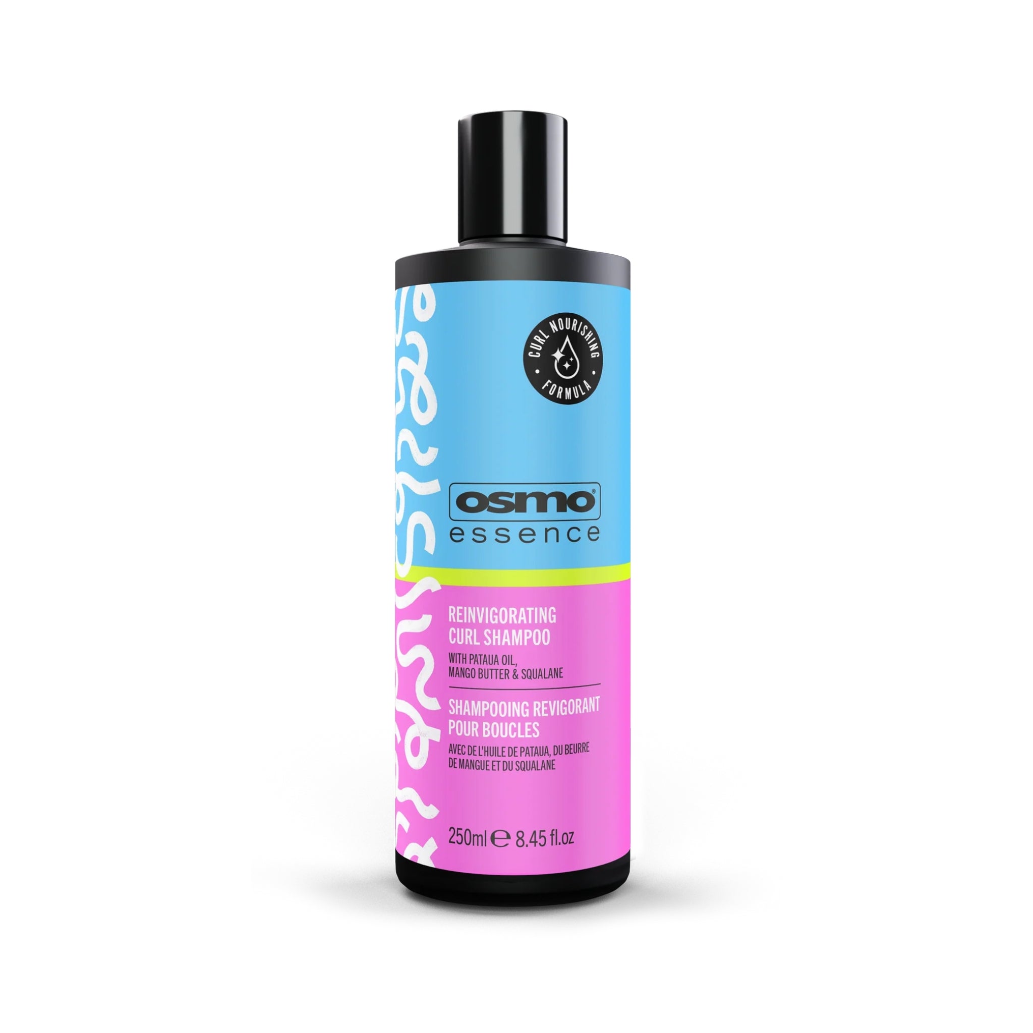 OSMO Essence Reinvigorating Curl Shampoo, 250 ml flaske i blå og pink med sort låg.