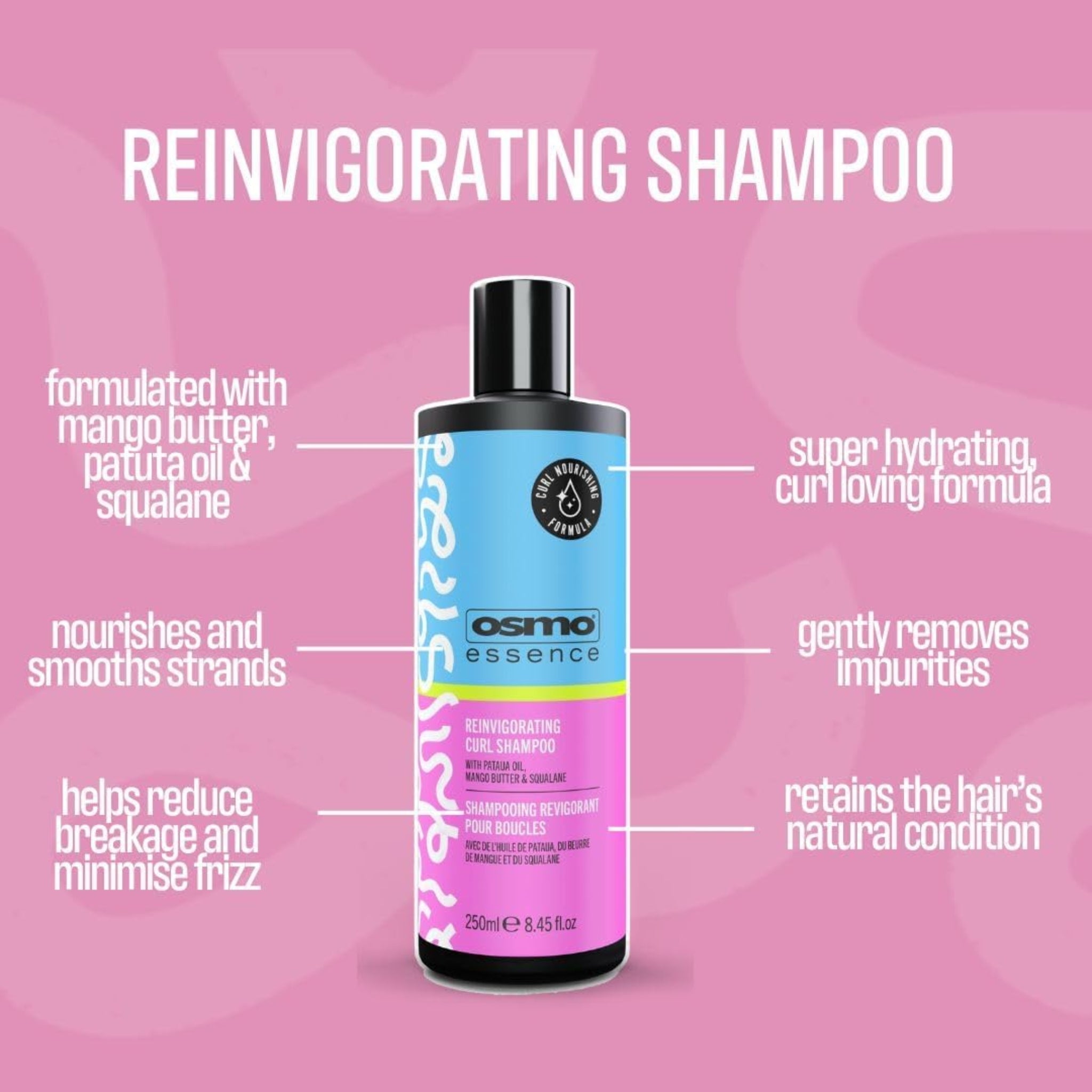 Osmo Essence Reinvigorating Shampoo-flaske i blå og pink med informationstekster om ingredienser og fordele.
