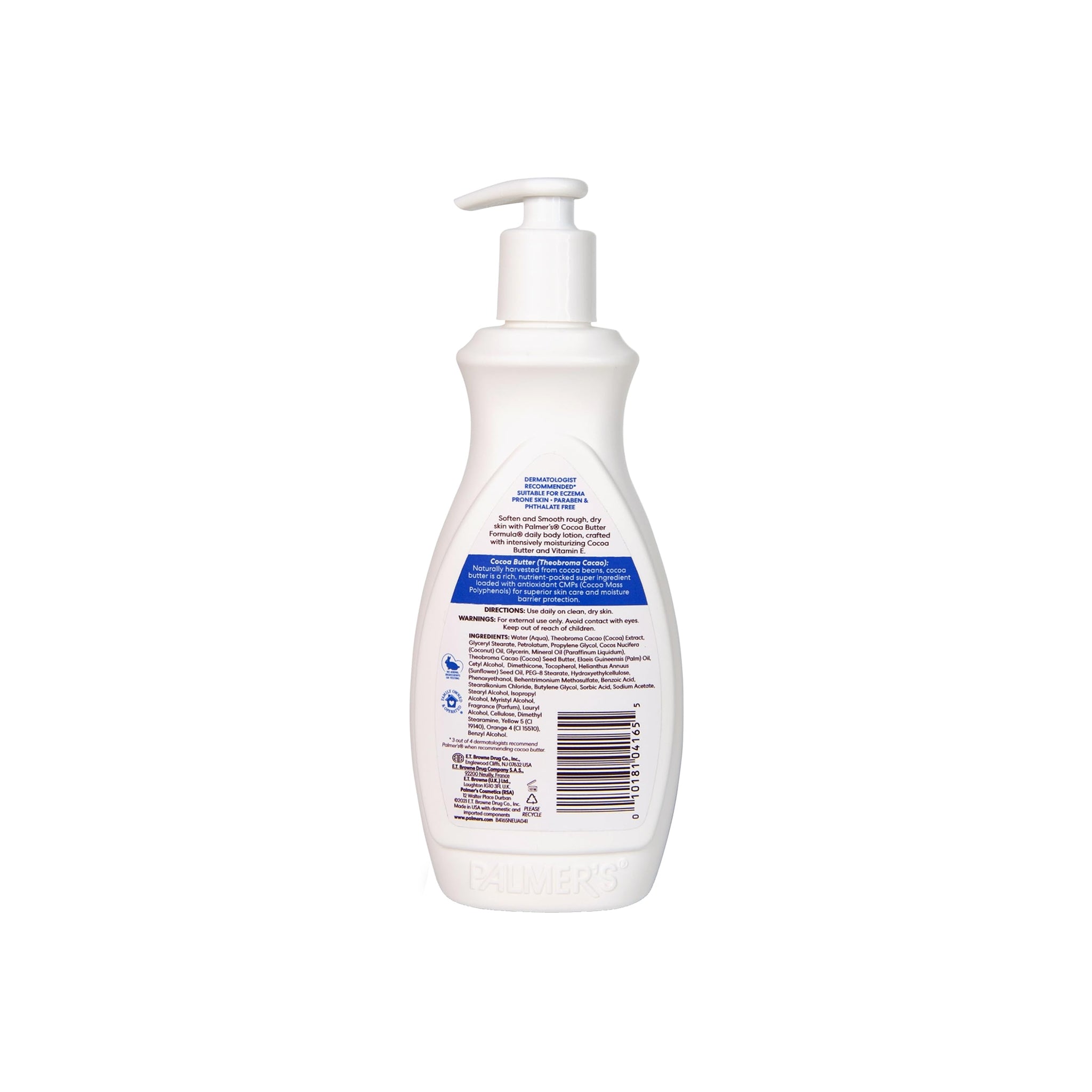 Bagsiden af Palmers Cocoa Butter Formula Lotion-flasken med information om ingredienser, brugsanvisning og fordele ved kakaosmør.