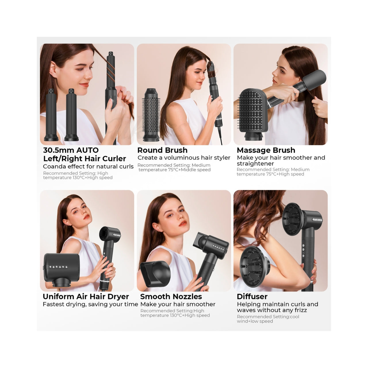 Oversigt over multistyler-tilbehør med modeller, der demonstrerer seks forskellige hoveder: automatisk curler, rundbørste, massagebørste, lufttørrer, glatte-dyser og diffuser til krøller.