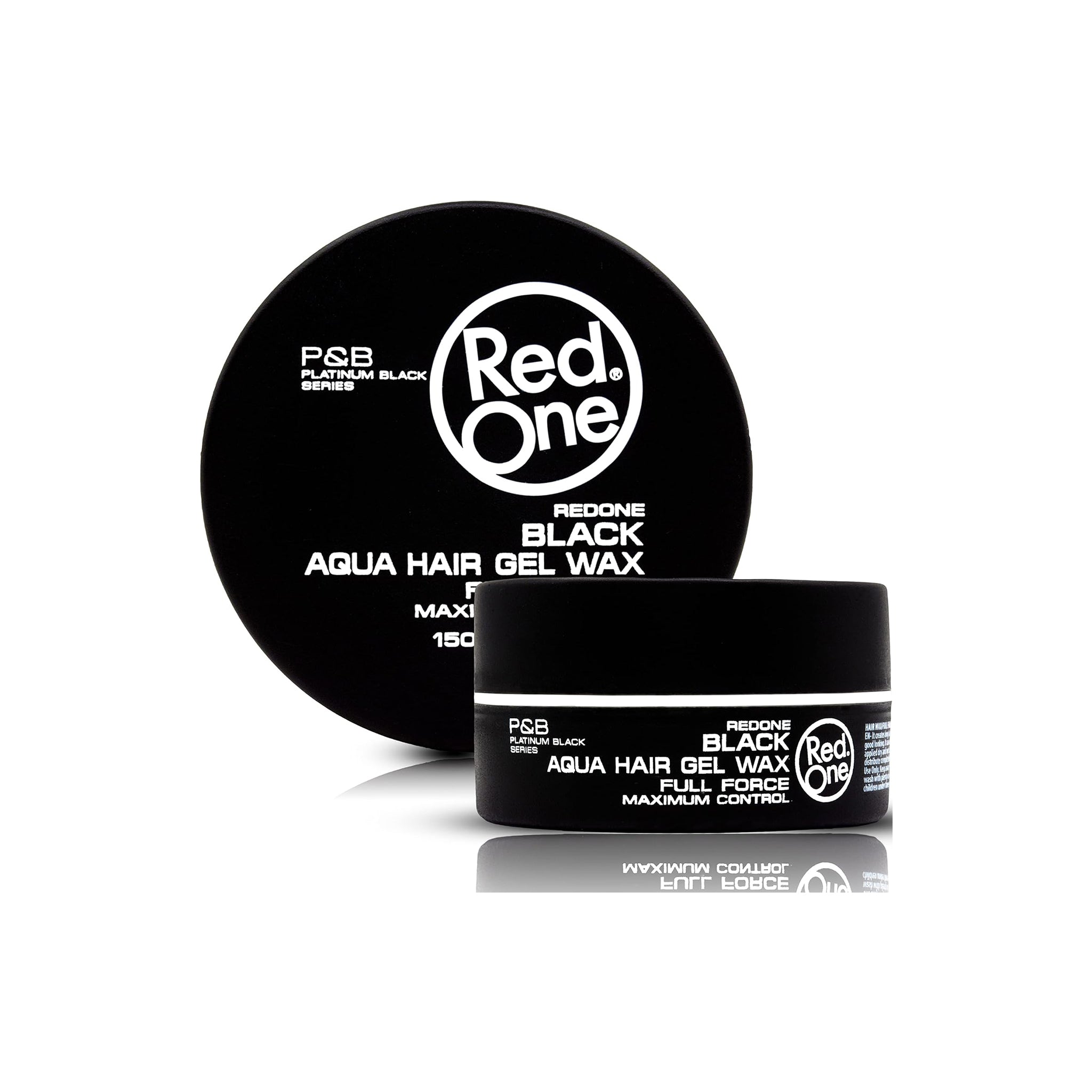 Sort dåse med Red One Aqua Hair Gel Wax Black 150ml fra P&B Platinum Black Series, vist med låg og krukke på hvid baggrund.