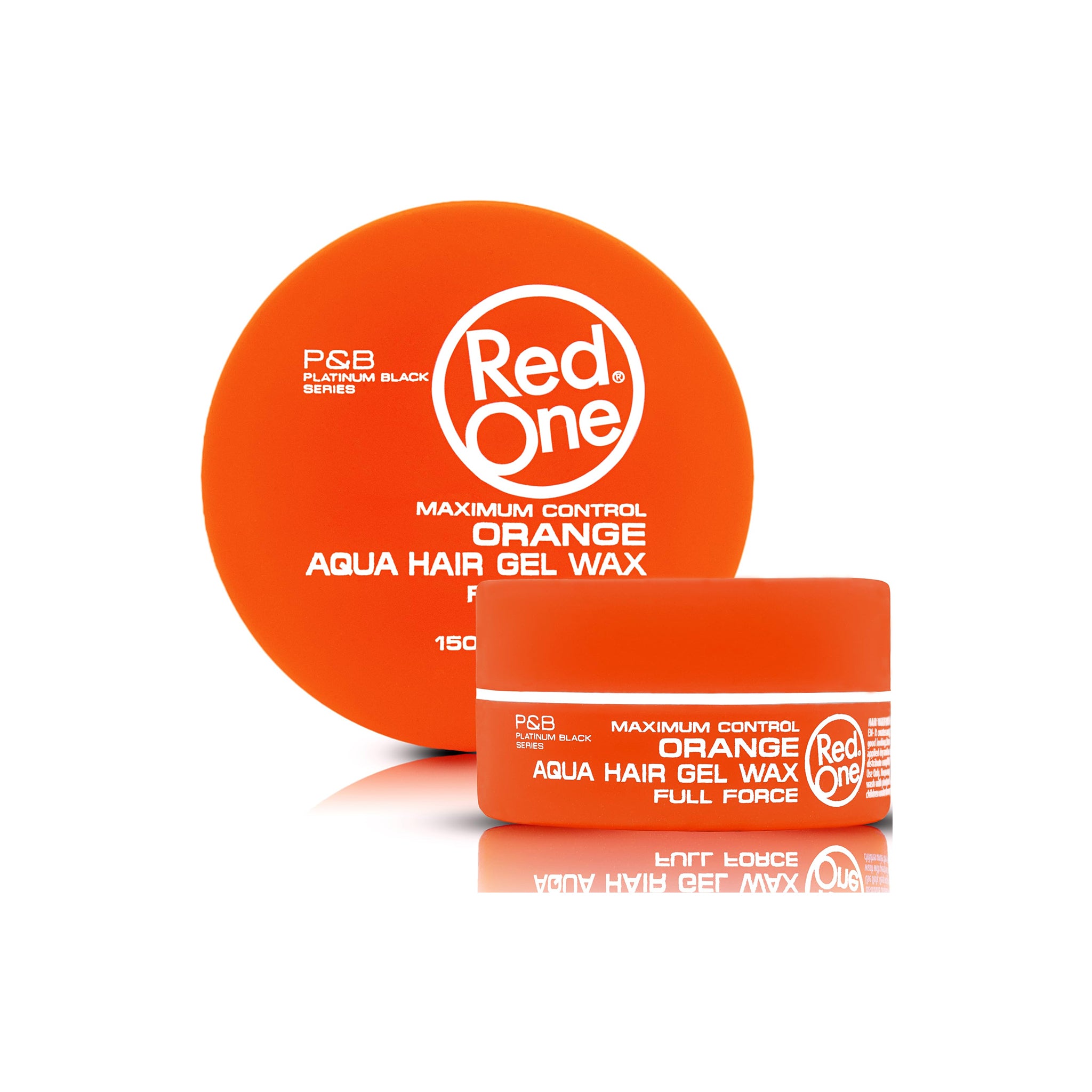 Orange dåse med Red One Aqua Hair Gel Wax Orange 150ml fra P&B Platinum Black Series, vist med låg og krukke på hvid baggrund.