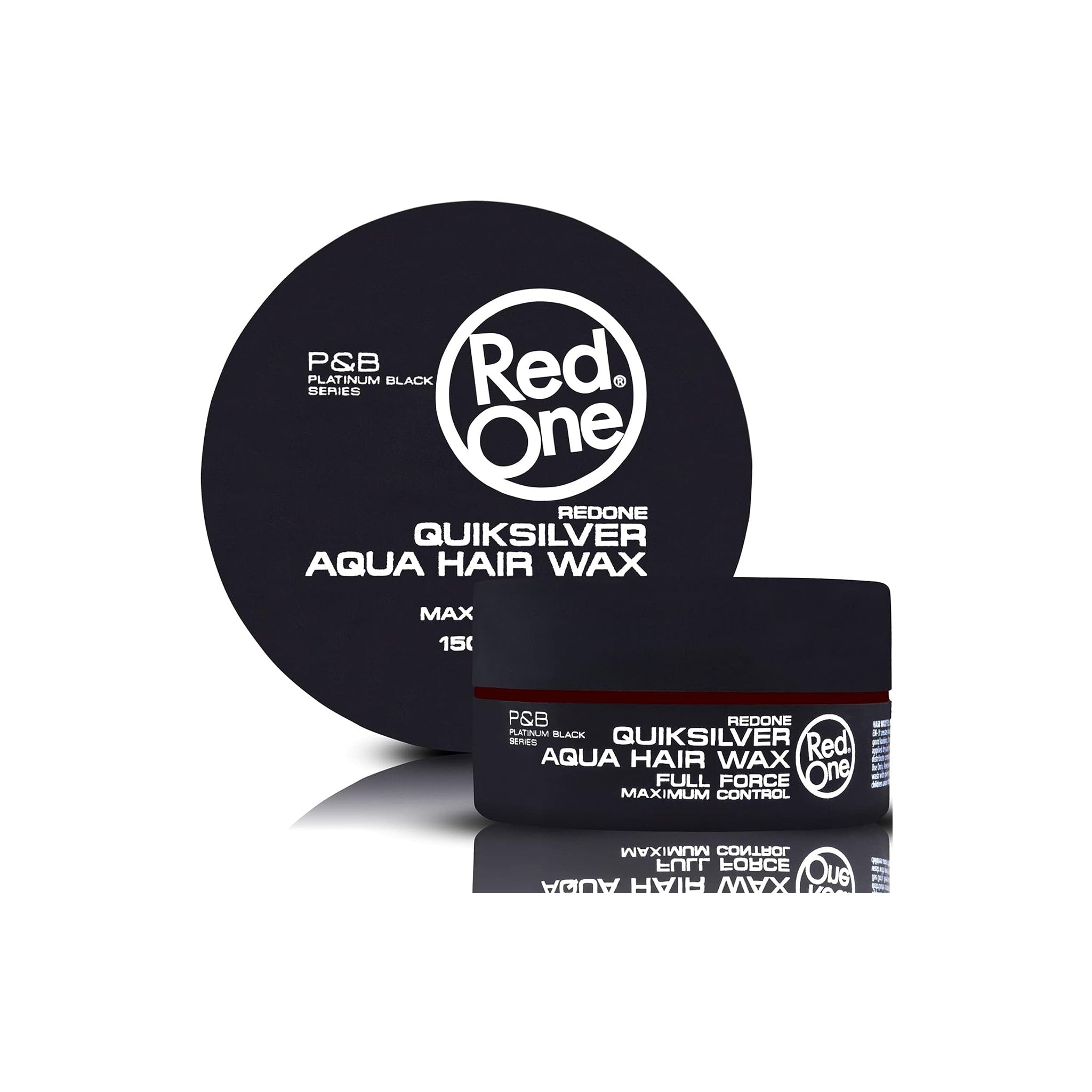 Sort dåse med Red One Aqua Hair Wax Quiksilver 150ml fra P&B Platinum Black Series, vist med låg og krukke på hvid baggrund.