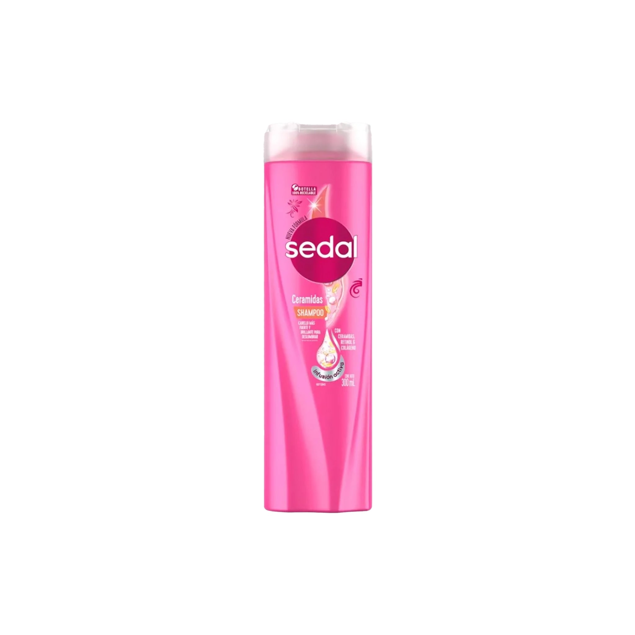 Pink flaske med Sedal Spark of Light Silk Effect Shampoo 400ml, med gennemsigtigt låg og farverigt design, stående på hvid baggrund.