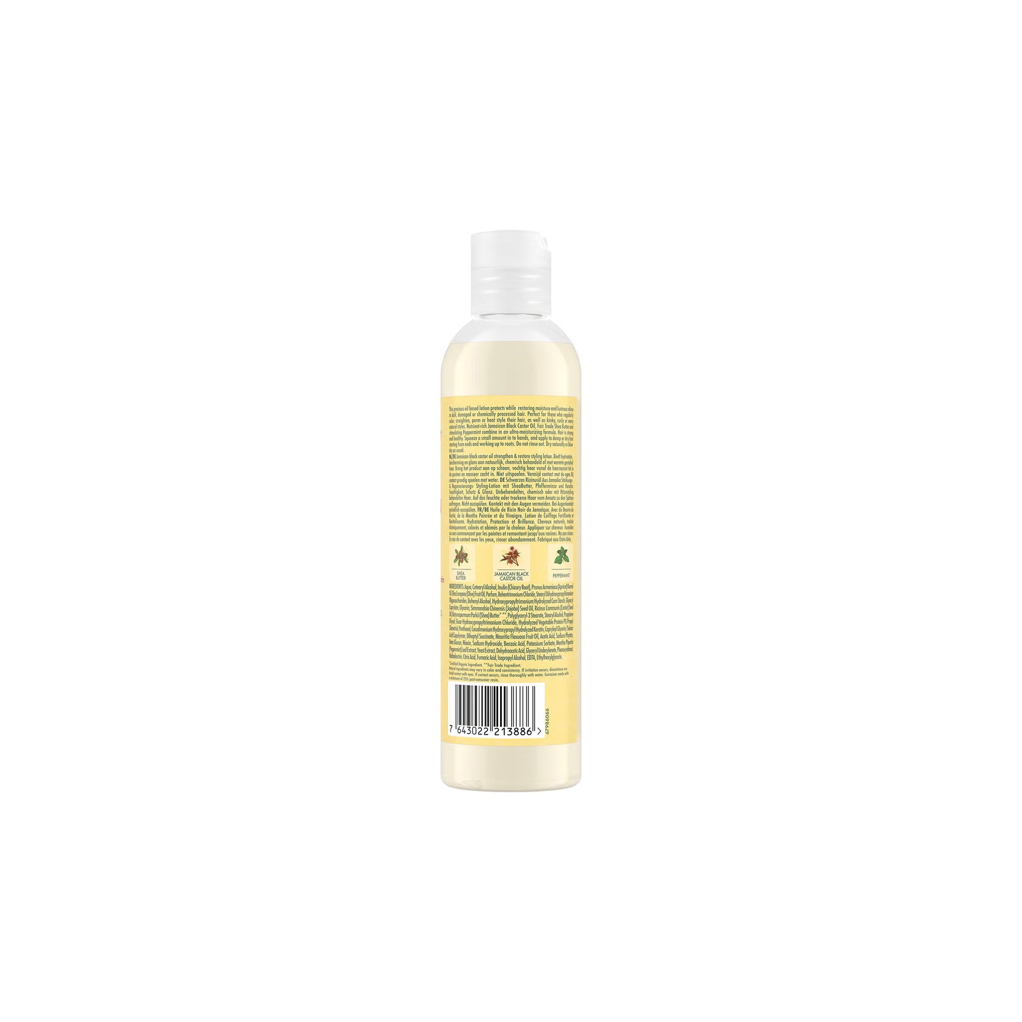 Bagsiden af Shea Moisture Jamaican Black Castor Oil Styling Lotion (236 ml) med ingrediensliste og brugsanvisning.