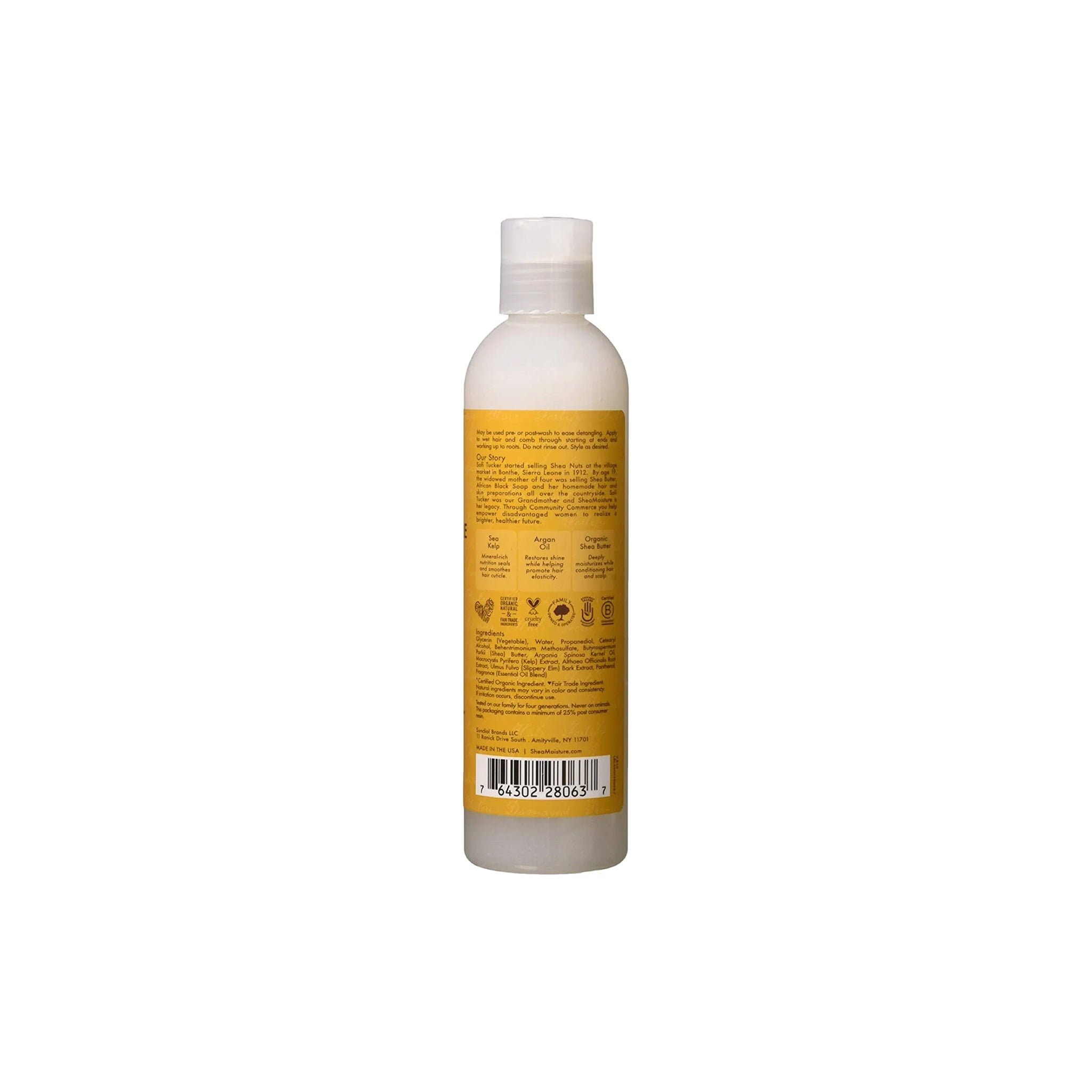 Shea Moisture Raw Shea Butter Extra-Moisture Detangler (237 ml) - Bagside. Billedet viser bagsiden af flasken med ingrediensliste og brugsanvisning.