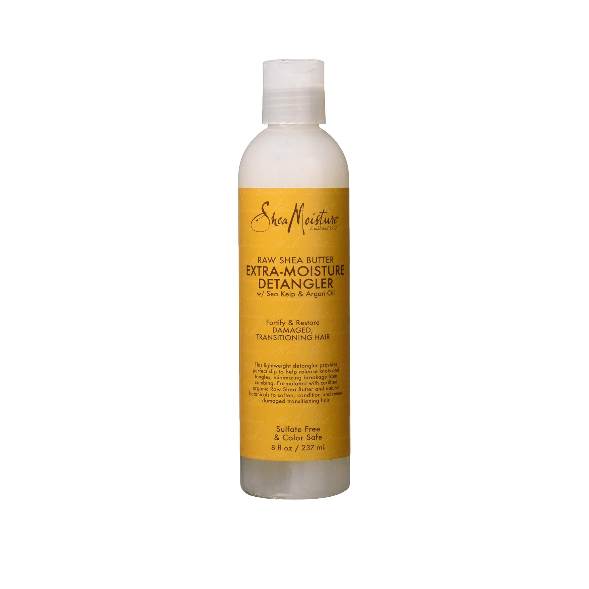 Shea Moisture Raw Shea Butter Extra-Moisture Detangler (237 ml). En letvægtsbalsam med sheasmør, havtang og arganolie, der udglatter knuder og minimerer brud på skadet og overgangshår. Sulfatfri og farvebevarende.