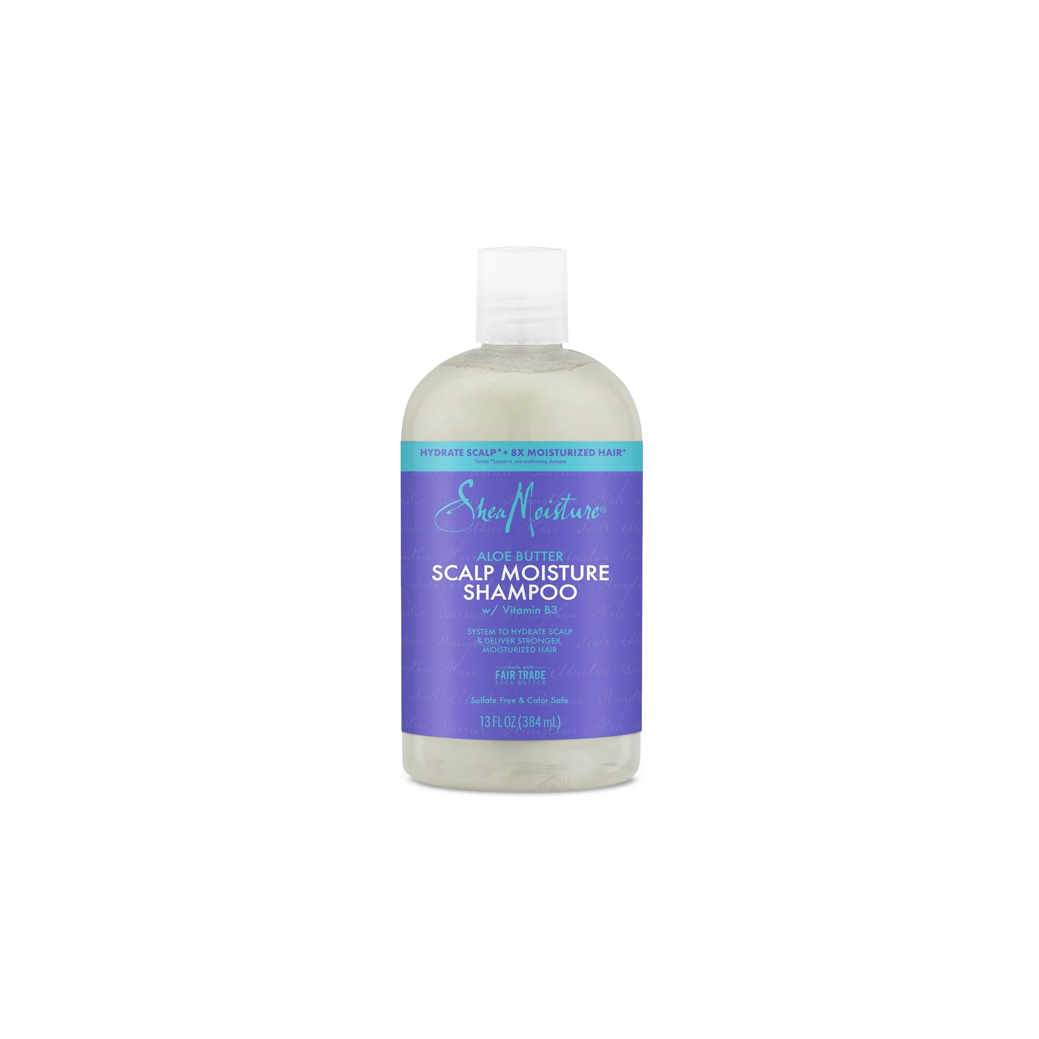 Shea Moisture Aloe Butter Scalp Moisture Shampoo 384 ml i gennemsigtig flaske med lilla og turkis etiket samt hvidt låg.