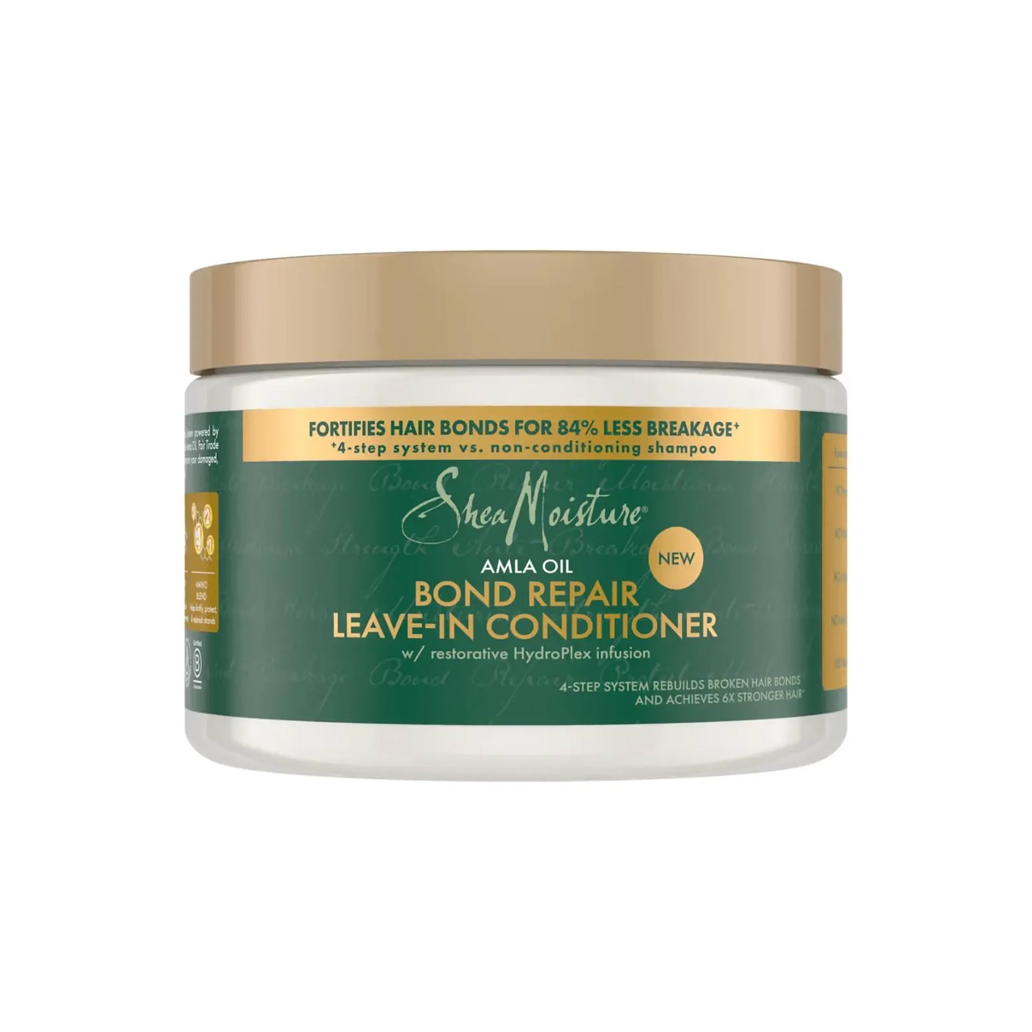 Shea Moisture Amla Bond Repair Leave-In Conditioner 311 gr i hvid krukke med grøn og gul etiket samt gyldent låg.