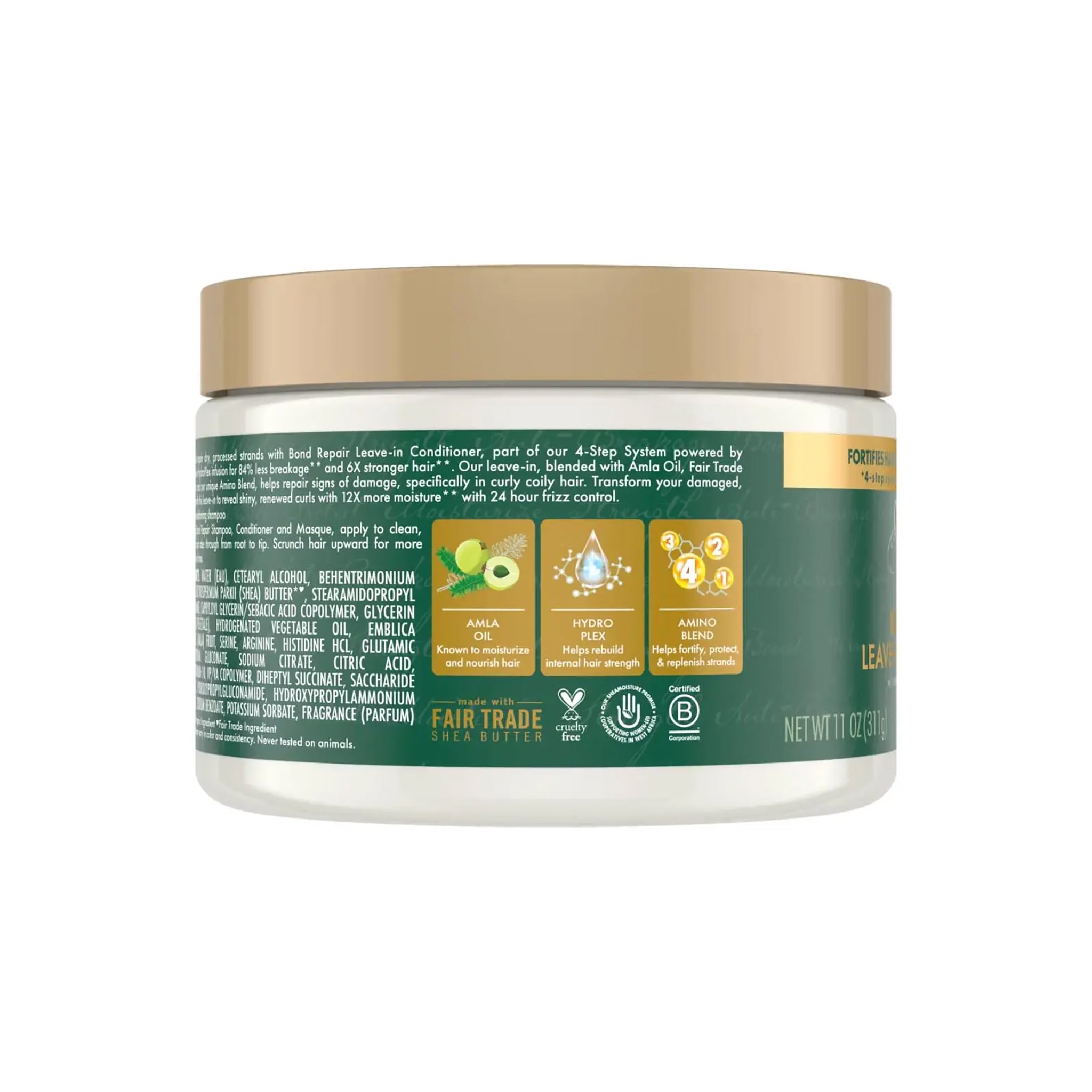 Shea Moisture Amla Bond Repair Leave-In Conditioner 311 gr set bagfra med grøn etikette, gyldent låg og infografik om nøgleingredienser.