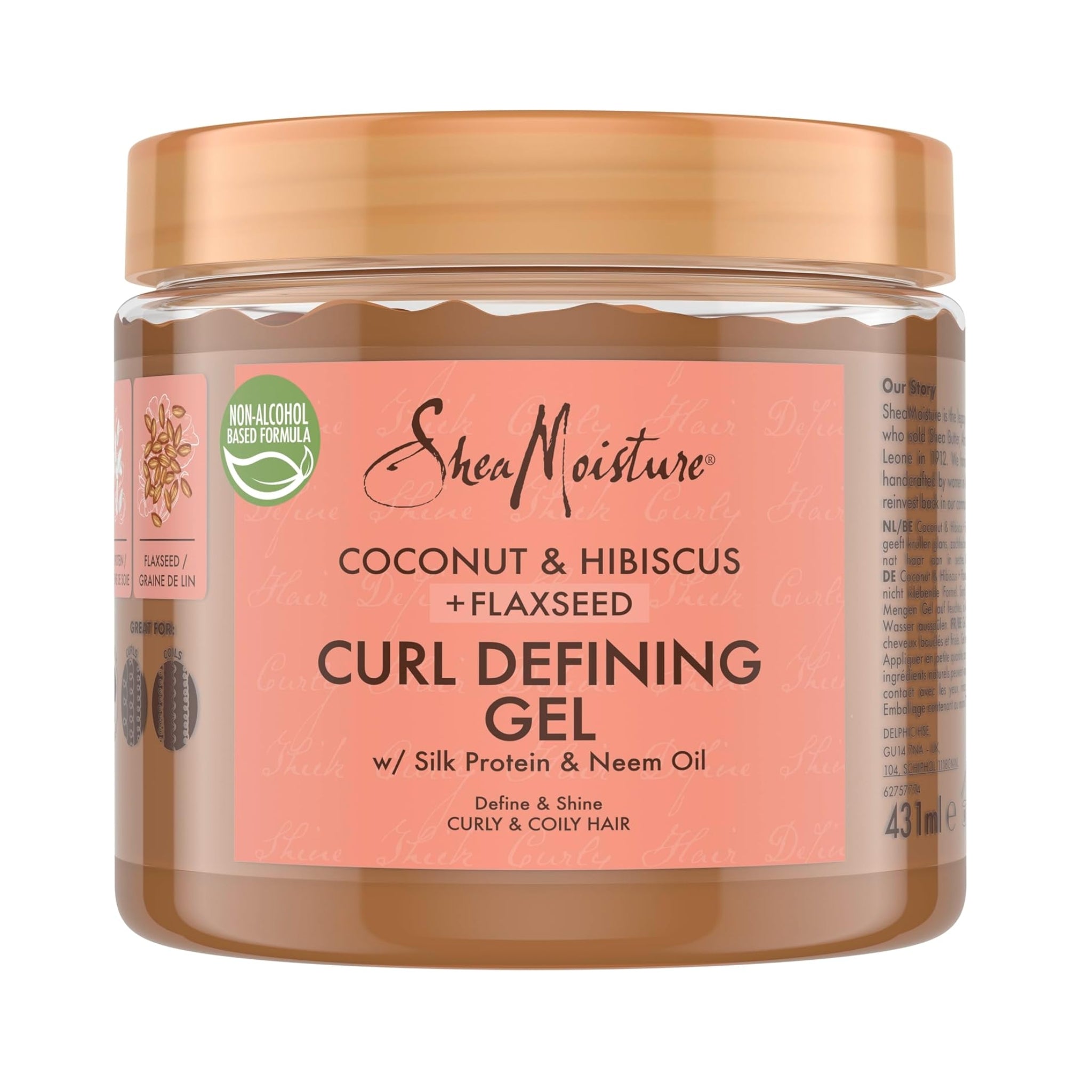 SheaMoisture Coconut & Hibiscus Curl Defining Gel, 431 ml plastikkrukke med guldlåg og laksefarvet etiket.