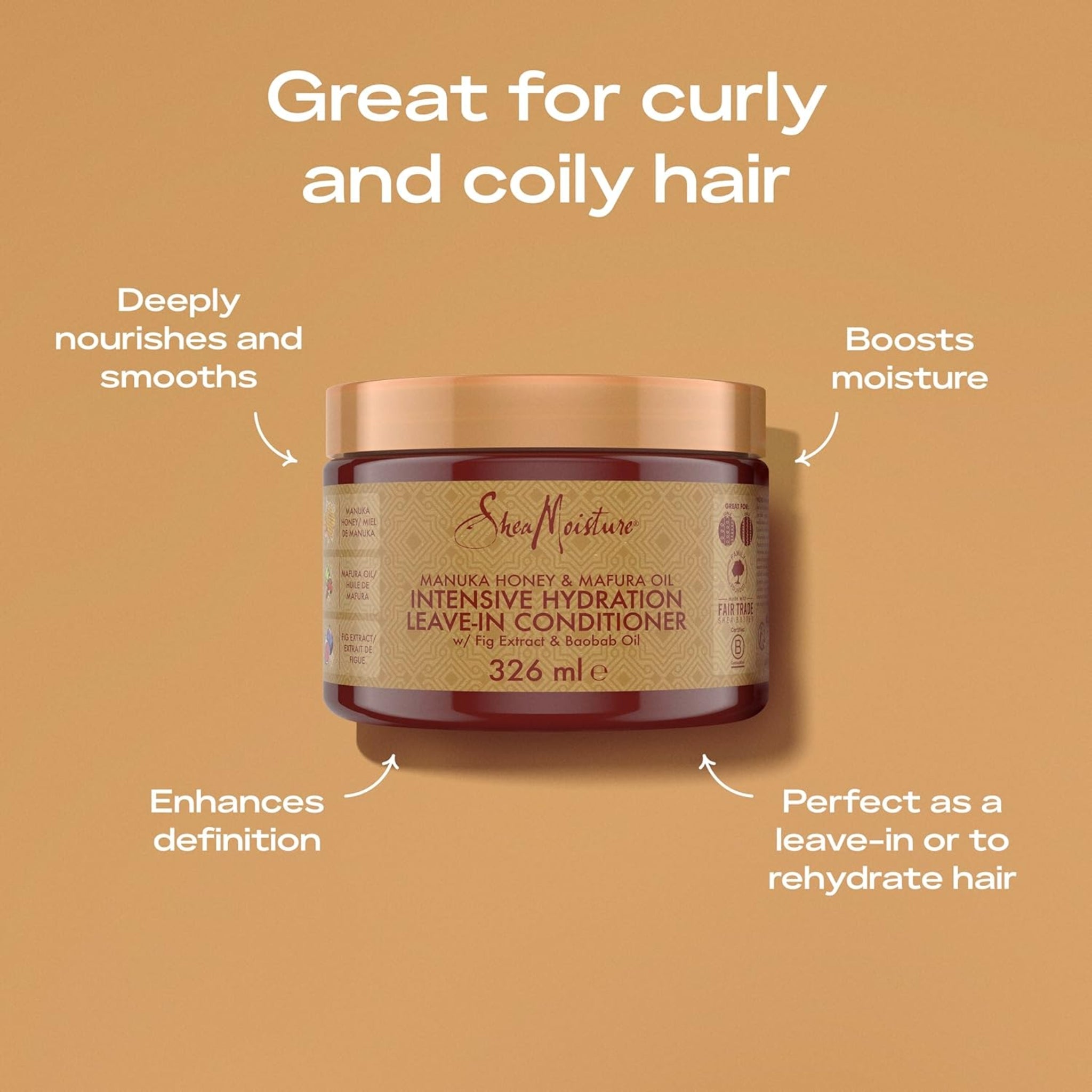 SheaMoisture Manuka Honey & Mafura Oil Intensive Hydration Leave-In Conditioner i rødbrun krukke, ideel til krøllet og kruset hår.