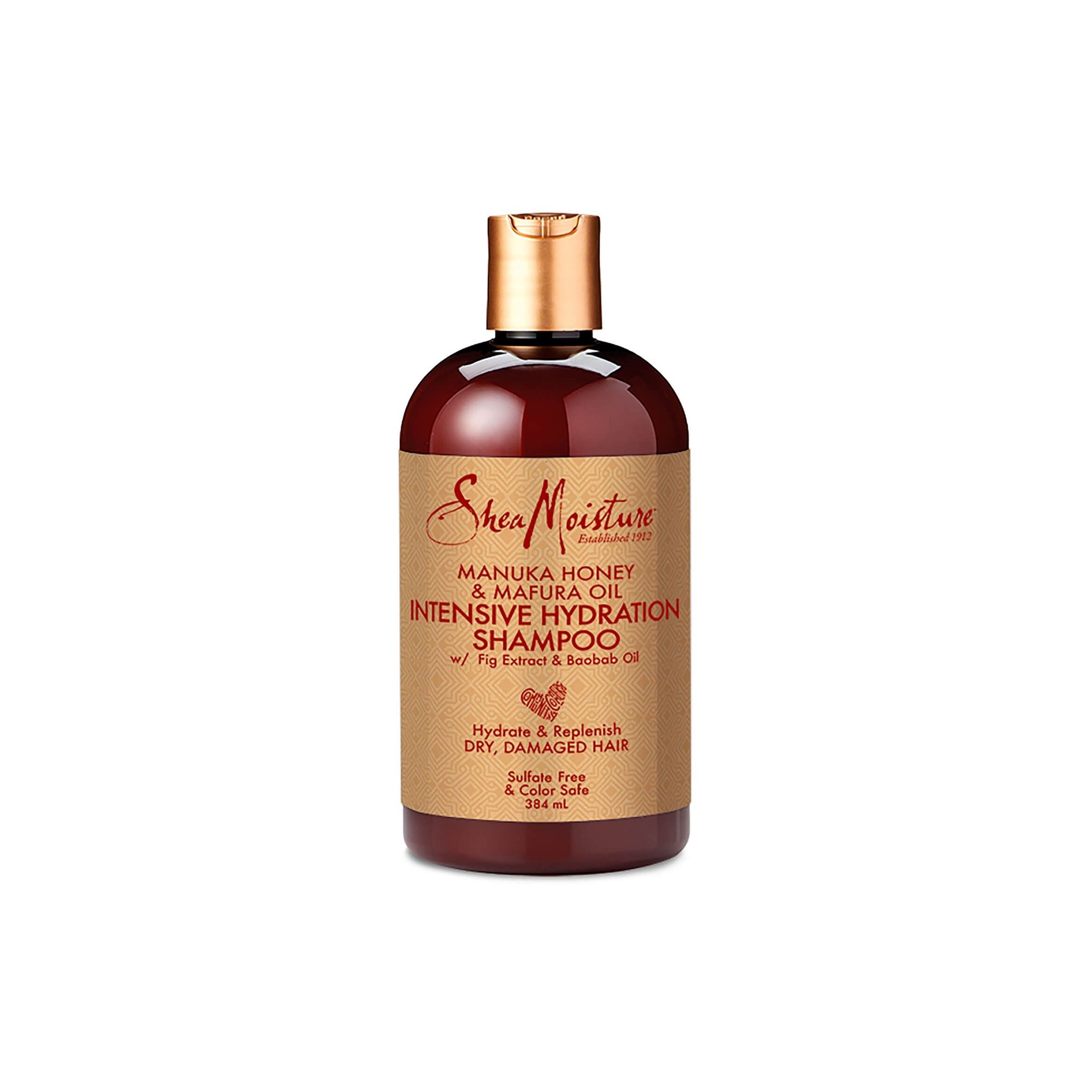 SheaMoisture Manuka Honey & Mafura Oil Intensive Hydration Shampoo i brun flaske med gylden pumpe og beige etiket, 384 ml.