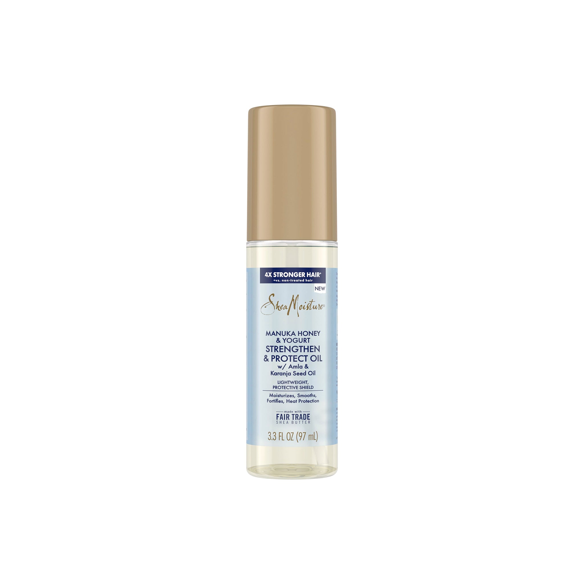 Shea Moisture Manuka Honey & Yogurt Multi-Action Protect Oil 97 ml i klar flaske med lyseblå etiket og gyldent låg.