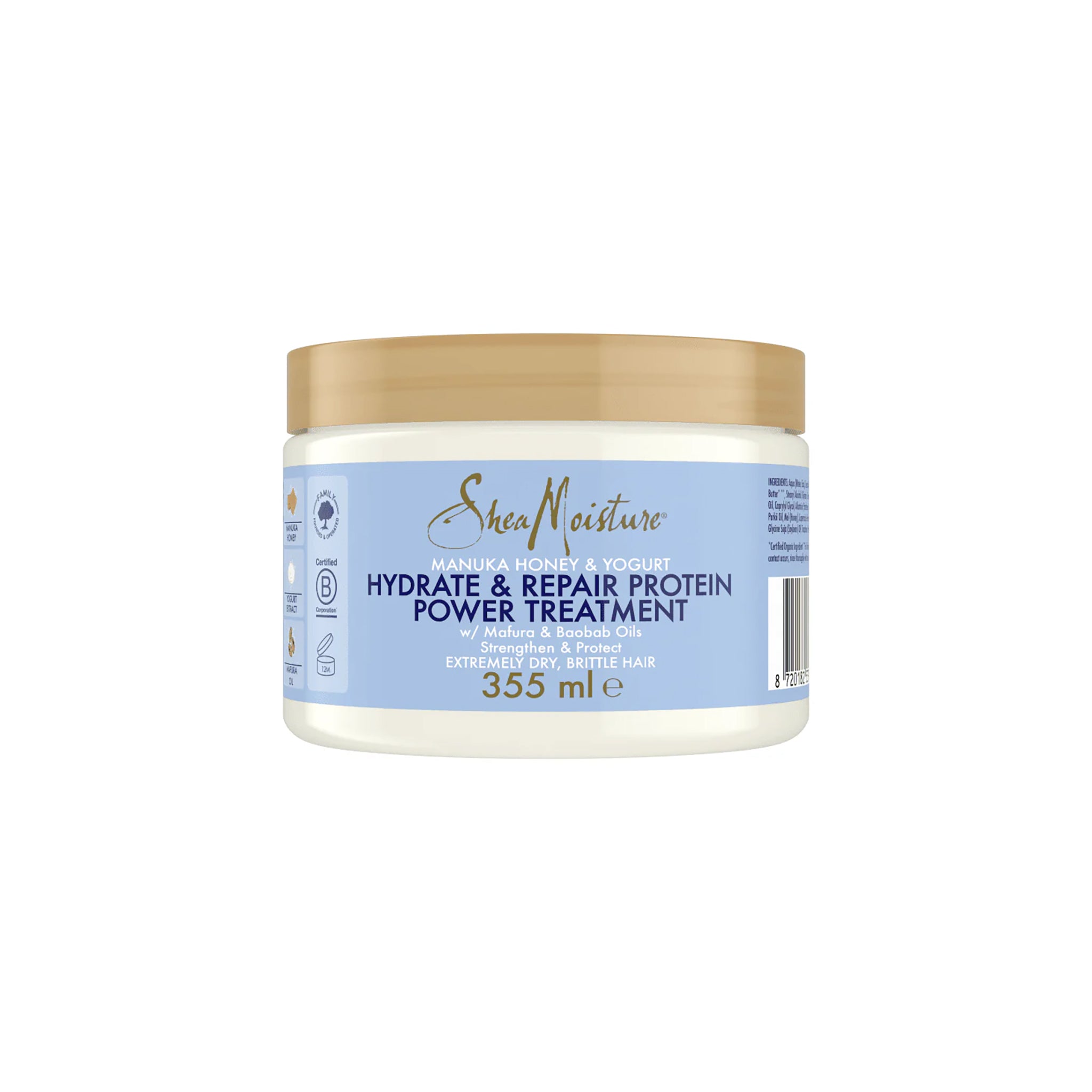 Shea Moisture Manuka Honey & Yogurt Hydrate & Repair Treatment 355 ml i hvid beholder med lyseblå etiket og gyldent låg.