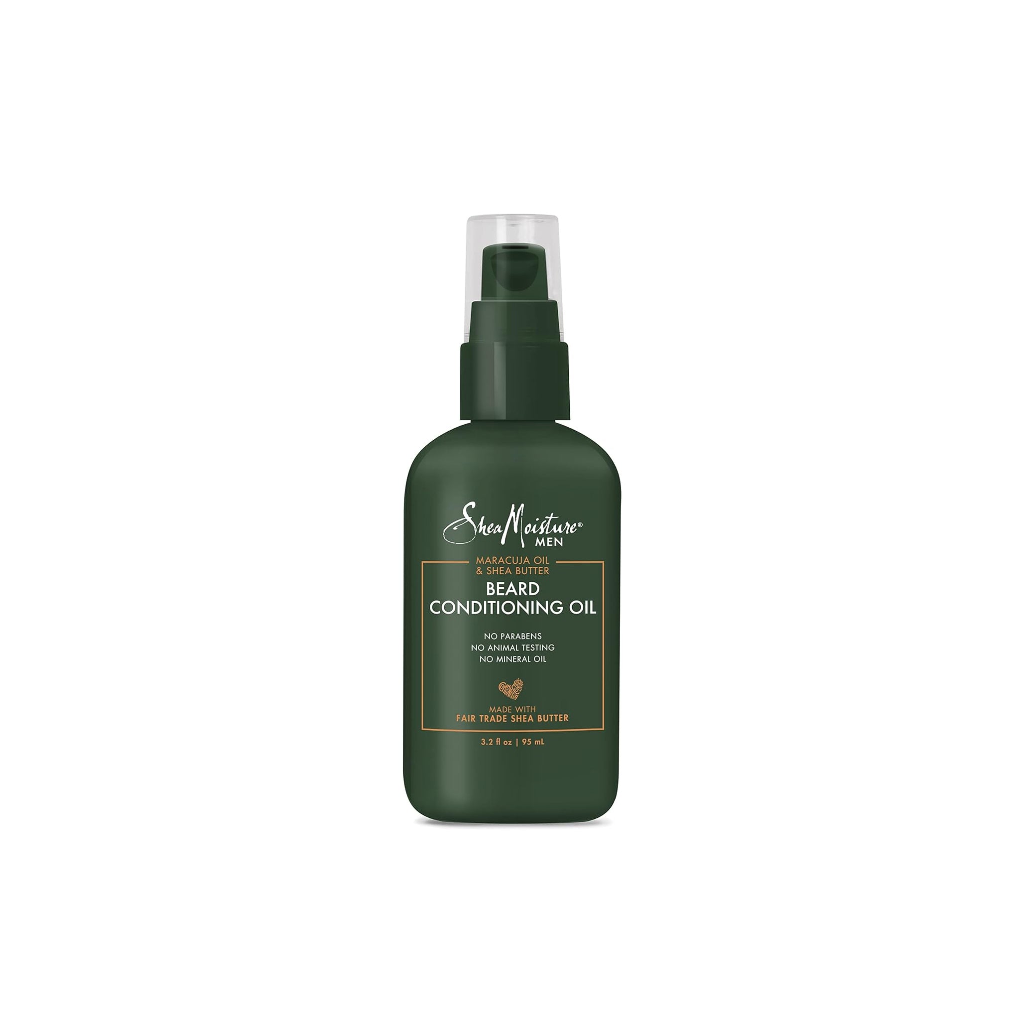Grøn flaske med Shea Moisture Men Maracuja & Shea Butter skægolie. Produktet er mærket med logo og produktnavn, og har en gennemsigtig pumpe.