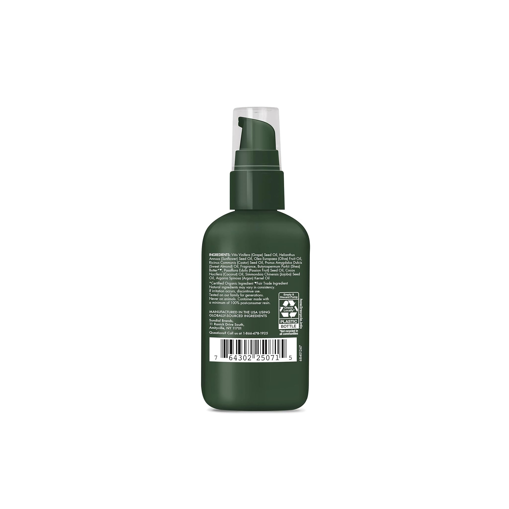 Bagsiden af en grøn flaske med SheaMoisture Men Maracuja & Shea Butter skægolie. Etiketten indeholder information om produktet, herunder ingredienser og brugsanvisning.