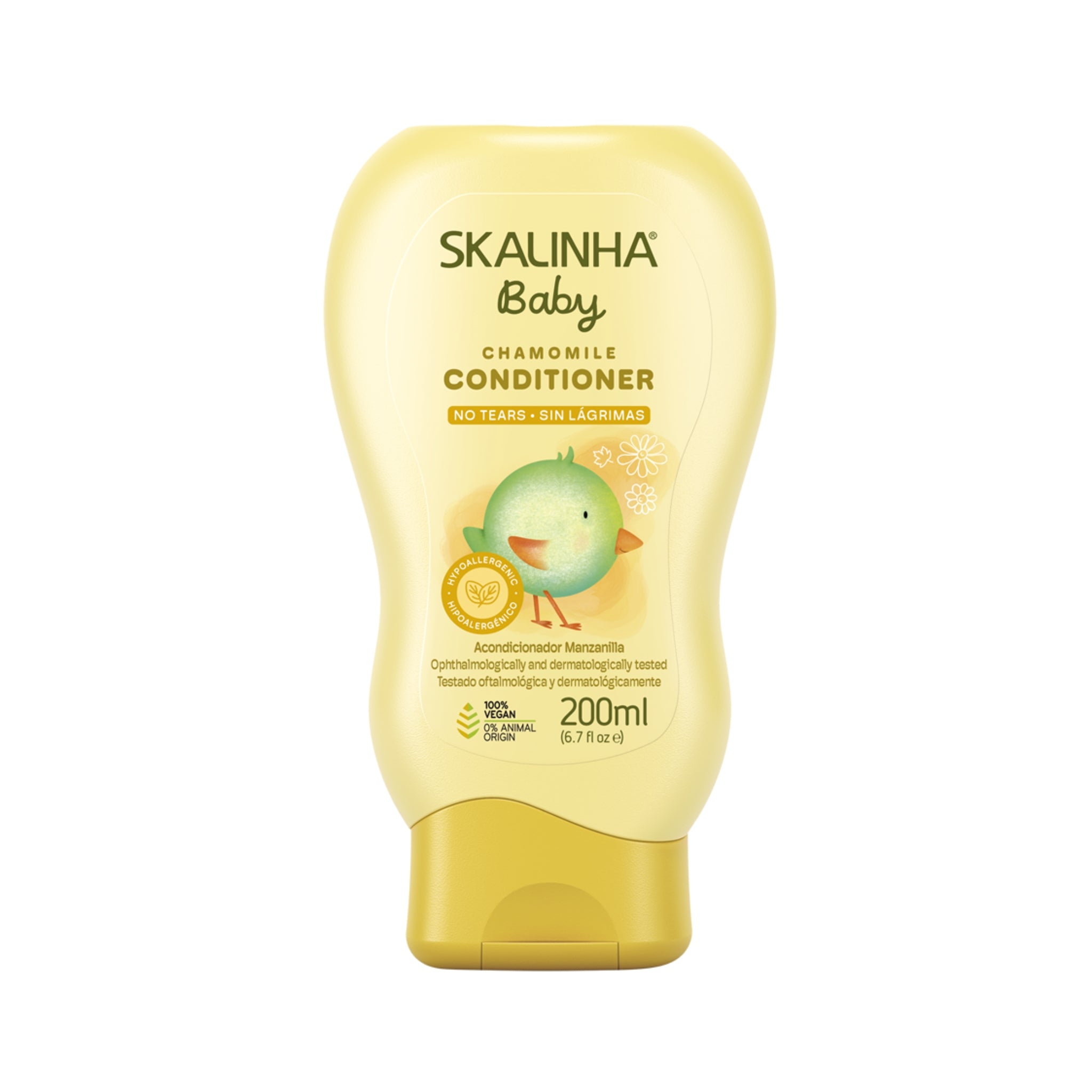 Skalinha Baby Chamomile Conditioner i gul flaske med fugleillustration, hypoallergen og vegansk, 200 ml.