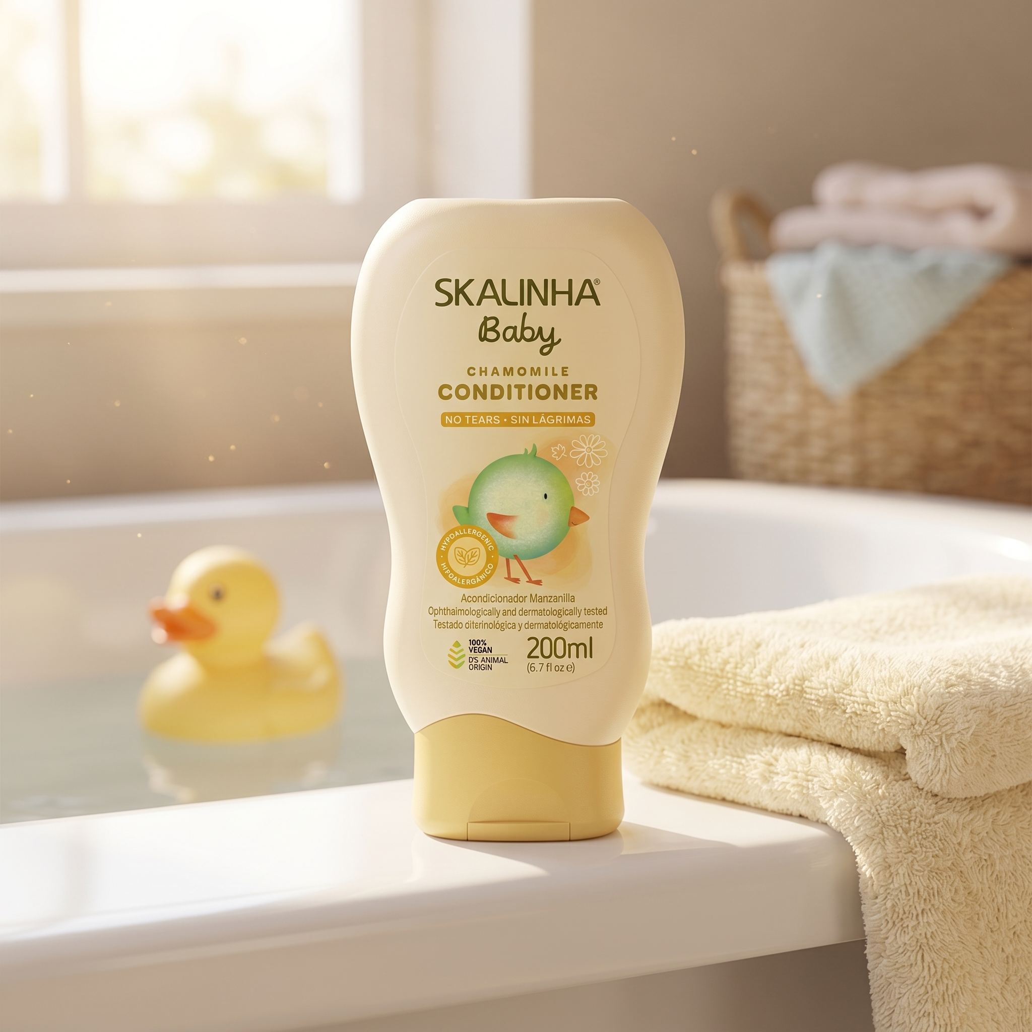 Skalinha Baby chamomile balsam i 200 ml flaske på badekarskant med gul gummiand og håndklæde.