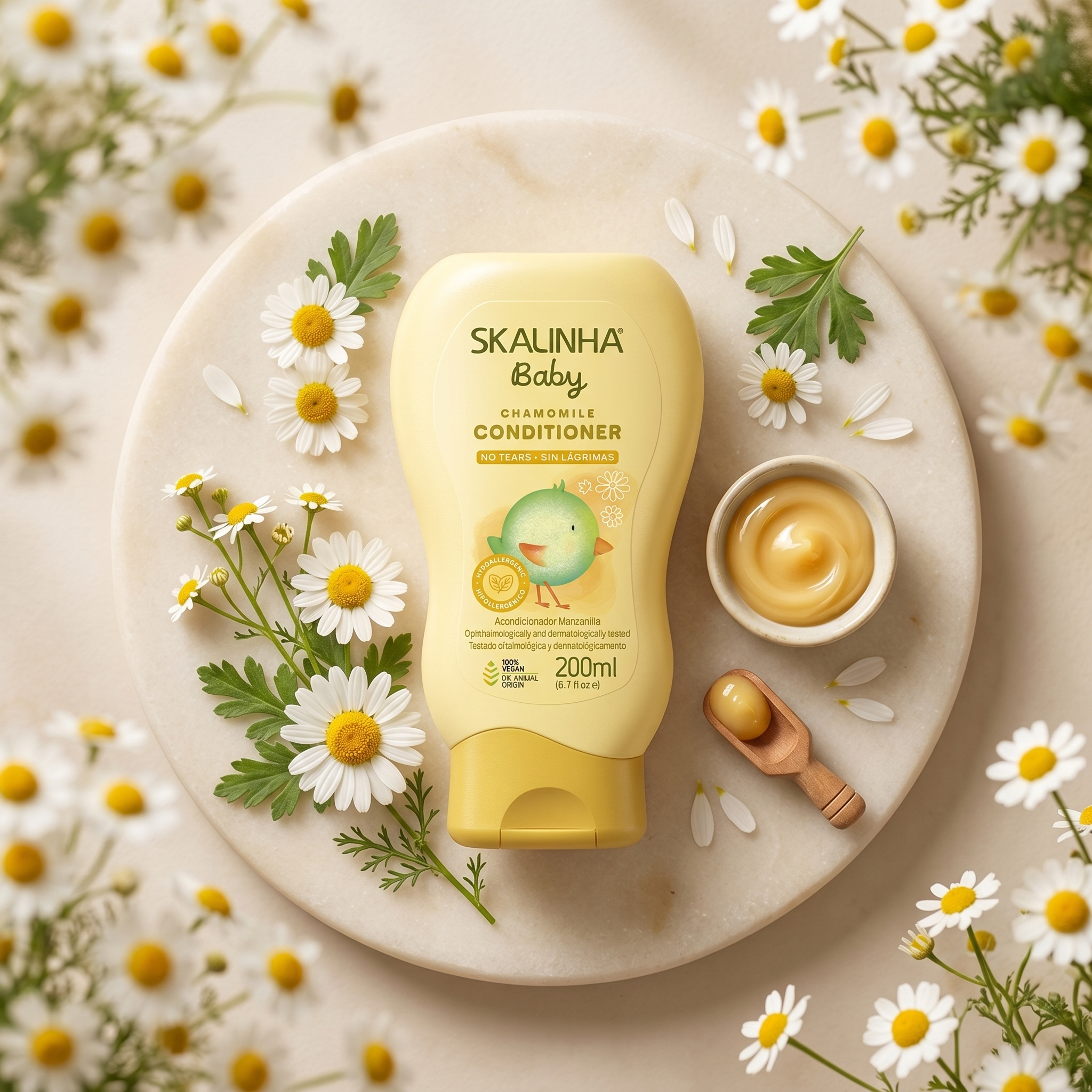 Skalinha Baby Chamomile Conditioner i gul flaske på marmorplade omgivet af friske kamilleblomster.