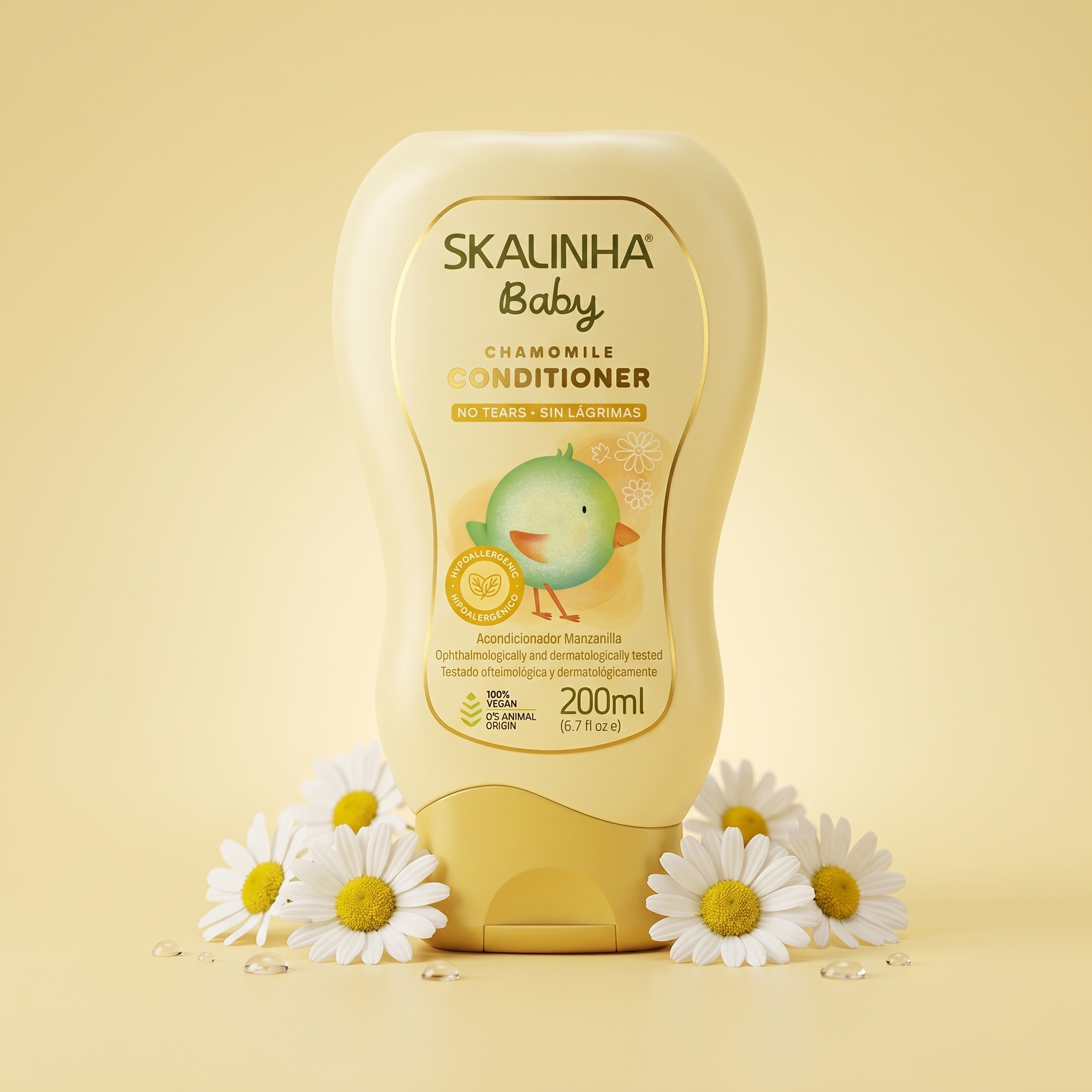 Skalinha Baby chamomile conditioner i gul flaske omgivet af friske kamilleblomster på gul baggrund.
