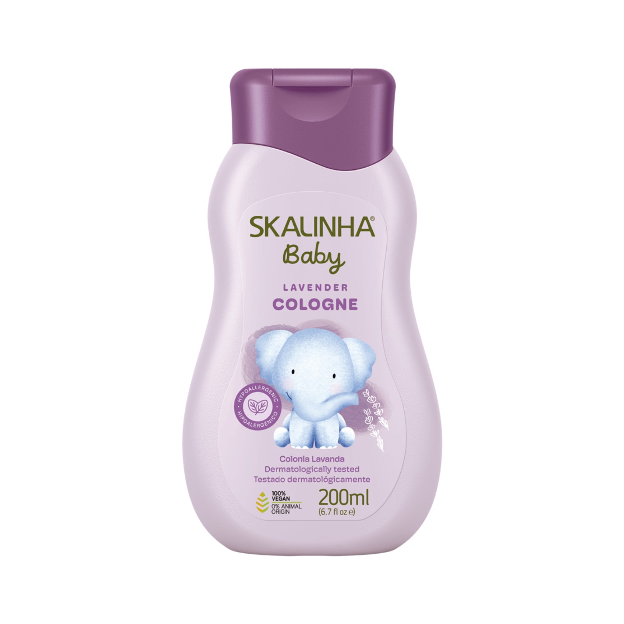 Skalinha Baby Lavender Cologne i lyslilla flaske med elefant-motiv, 200 ml hypoallergen babykølnvand.