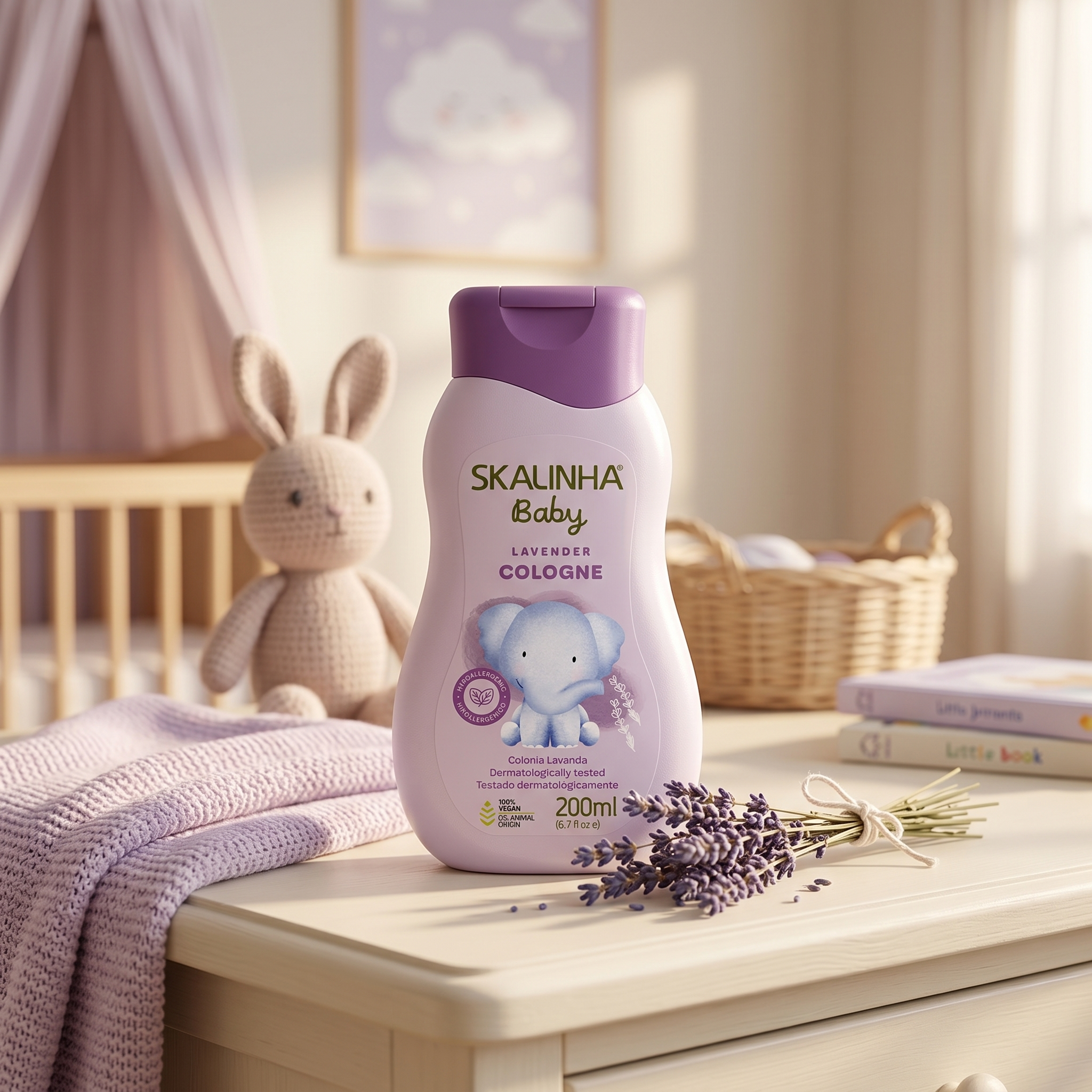 Skalinha Baby lavendel cologne i lilla flaske på kommode med kanin, lavendelbuket og babyværelse i baggrunden.