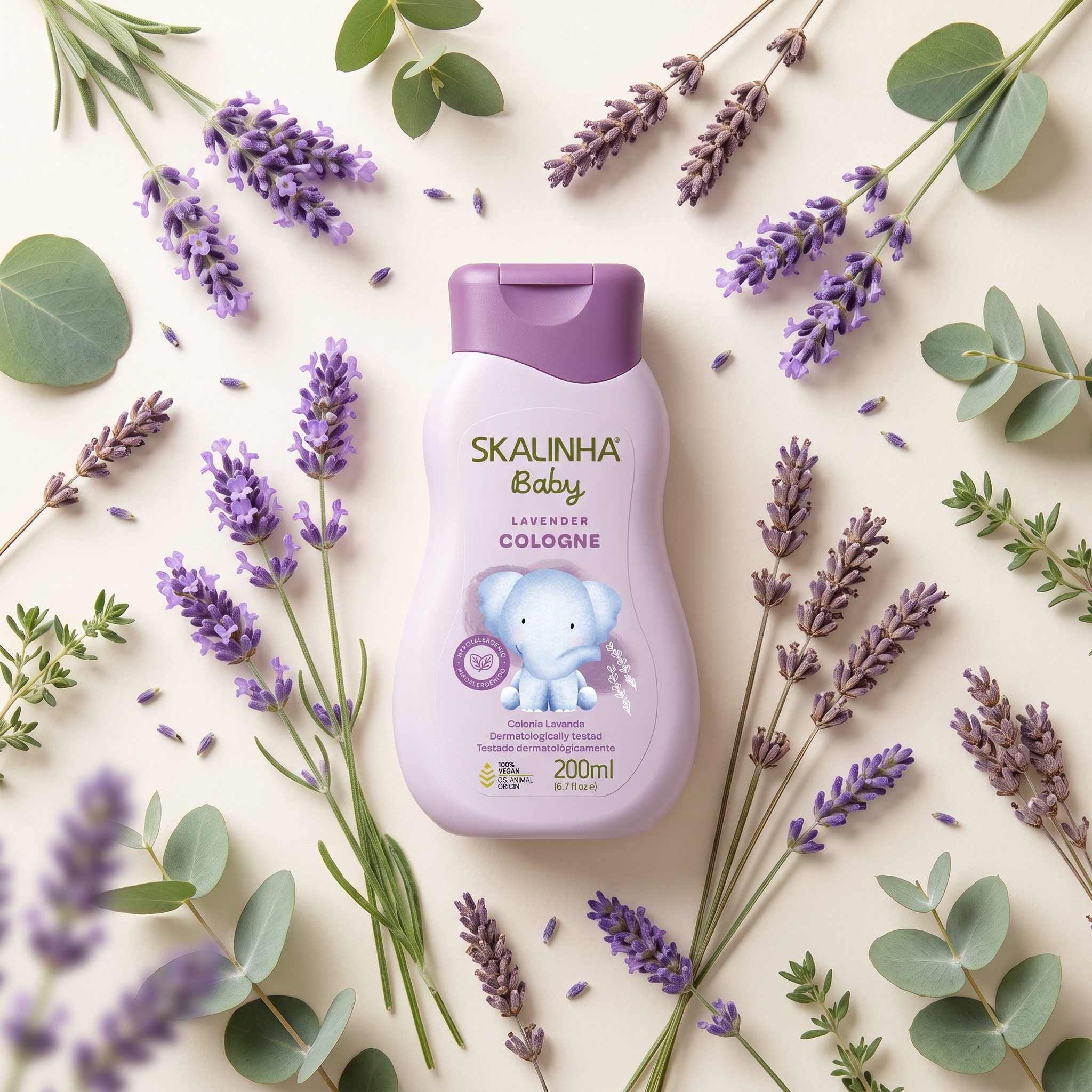 Skalinha Baby Lavender Cologne i lilla flaske med elefant omgivet af lavendel og eukalyptus.