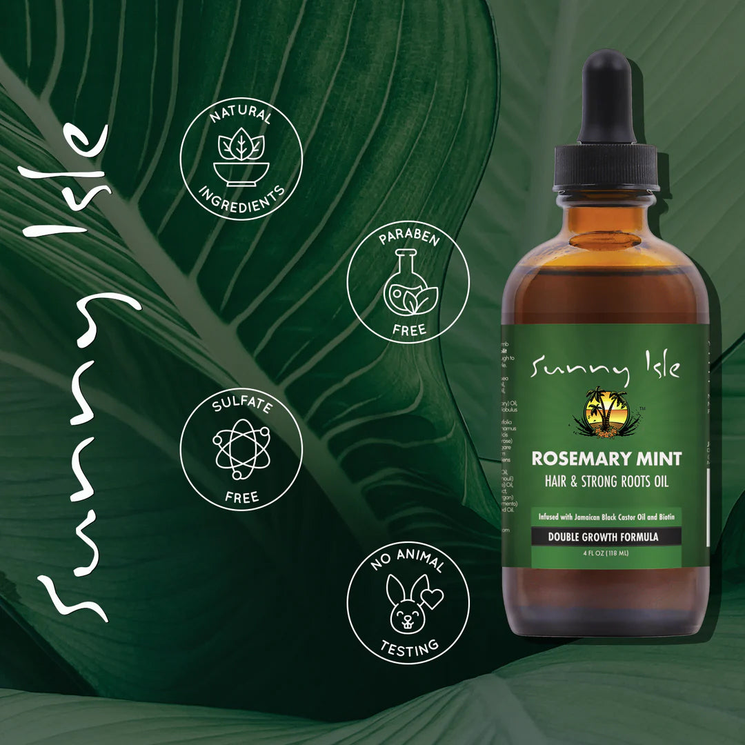 Sunny Isle Rosemary Mint Hair & Strong Roots Oil 188 ml vist på grøn bladbaggrund med ikoner for naturlige ingredienser, parabenfri, sulfatfri og cruelty-free.