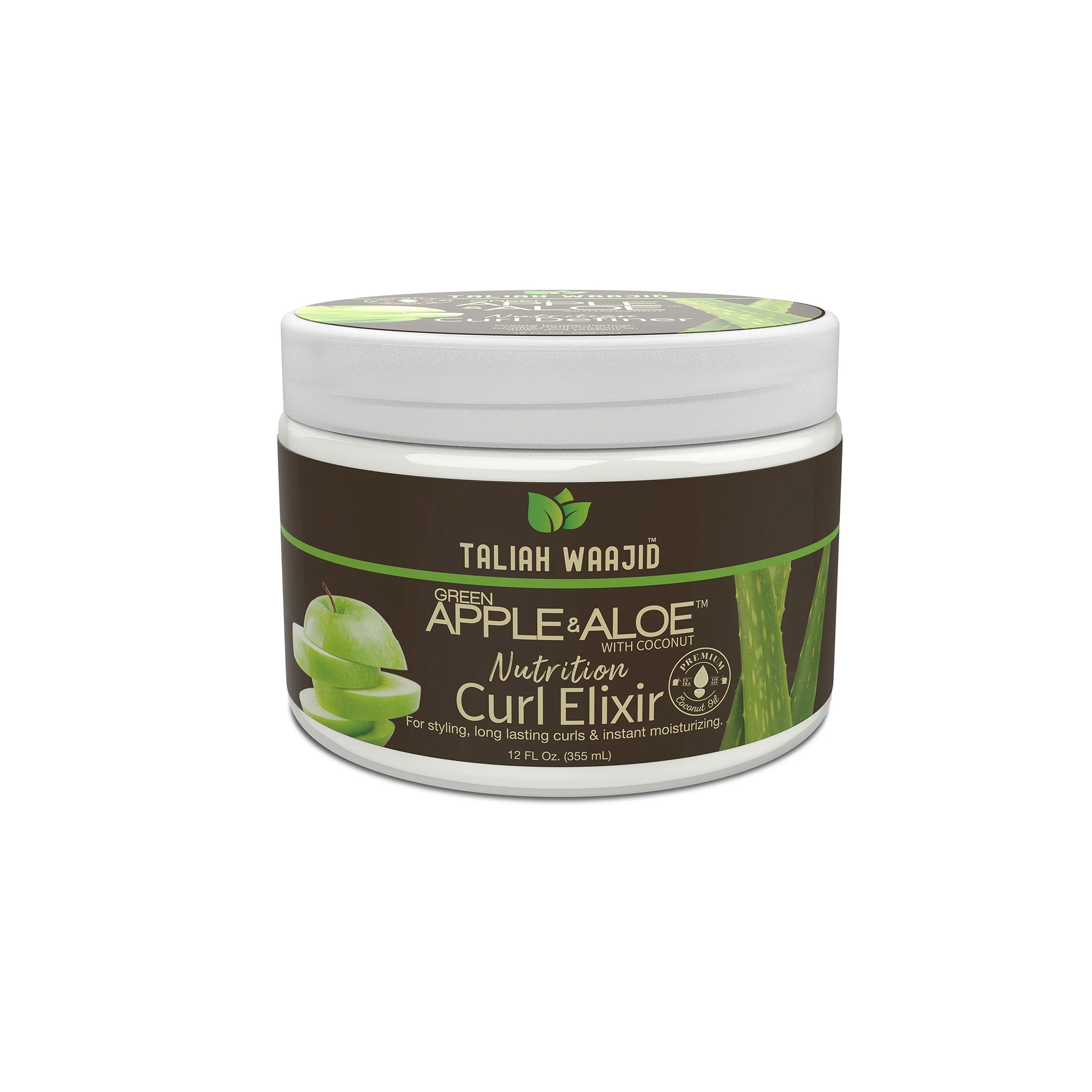 Taliah Waajid Apple Aloe Curl Elixir 355ml krukke med grøn æble og aloe vera motiv, fugtgivende stylingcreme til definerede krøller.
