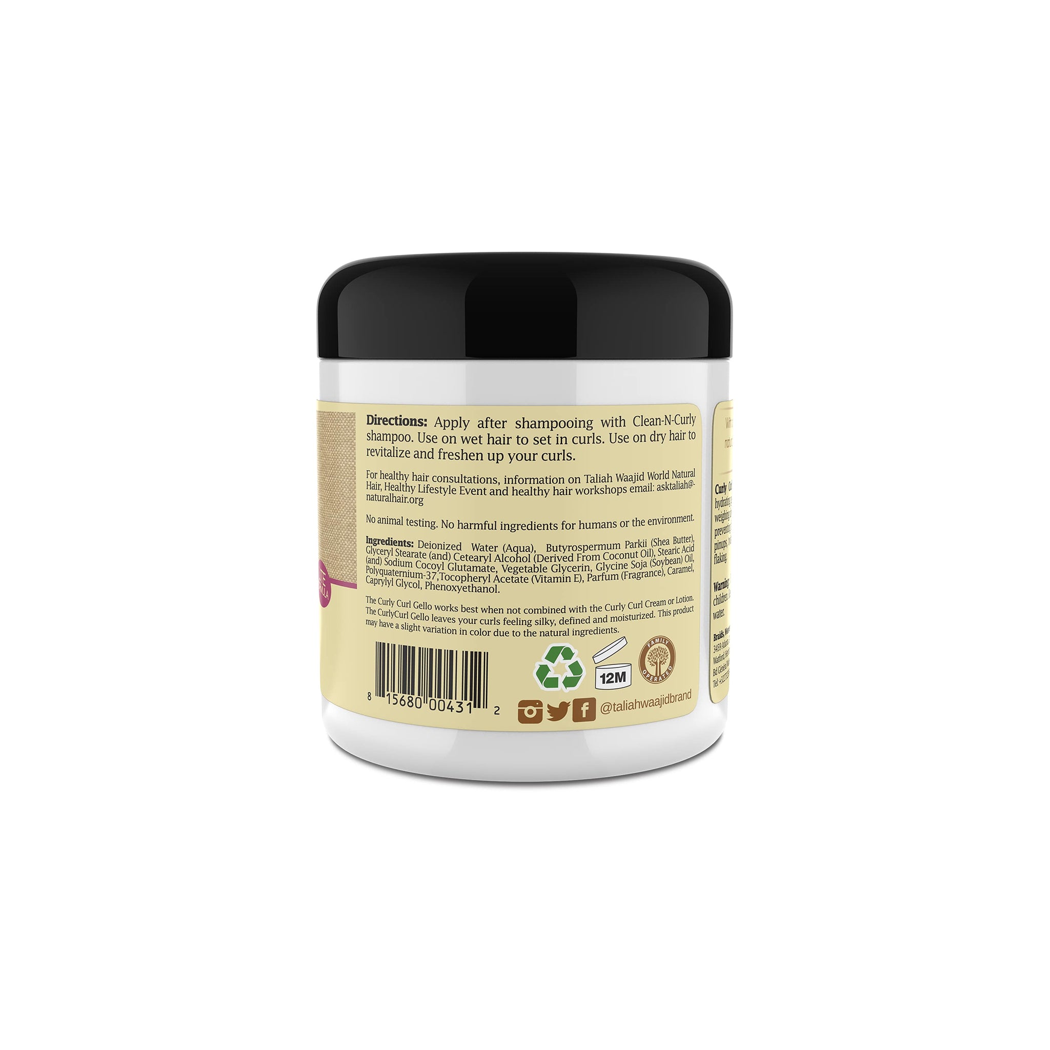 Bagsiden af Taliah Waajid Curls Waves Naturals Curly Curl "Gello" med brugsvejledning, ingredienser og genbrugssymbol på beige etiket med sort låg.