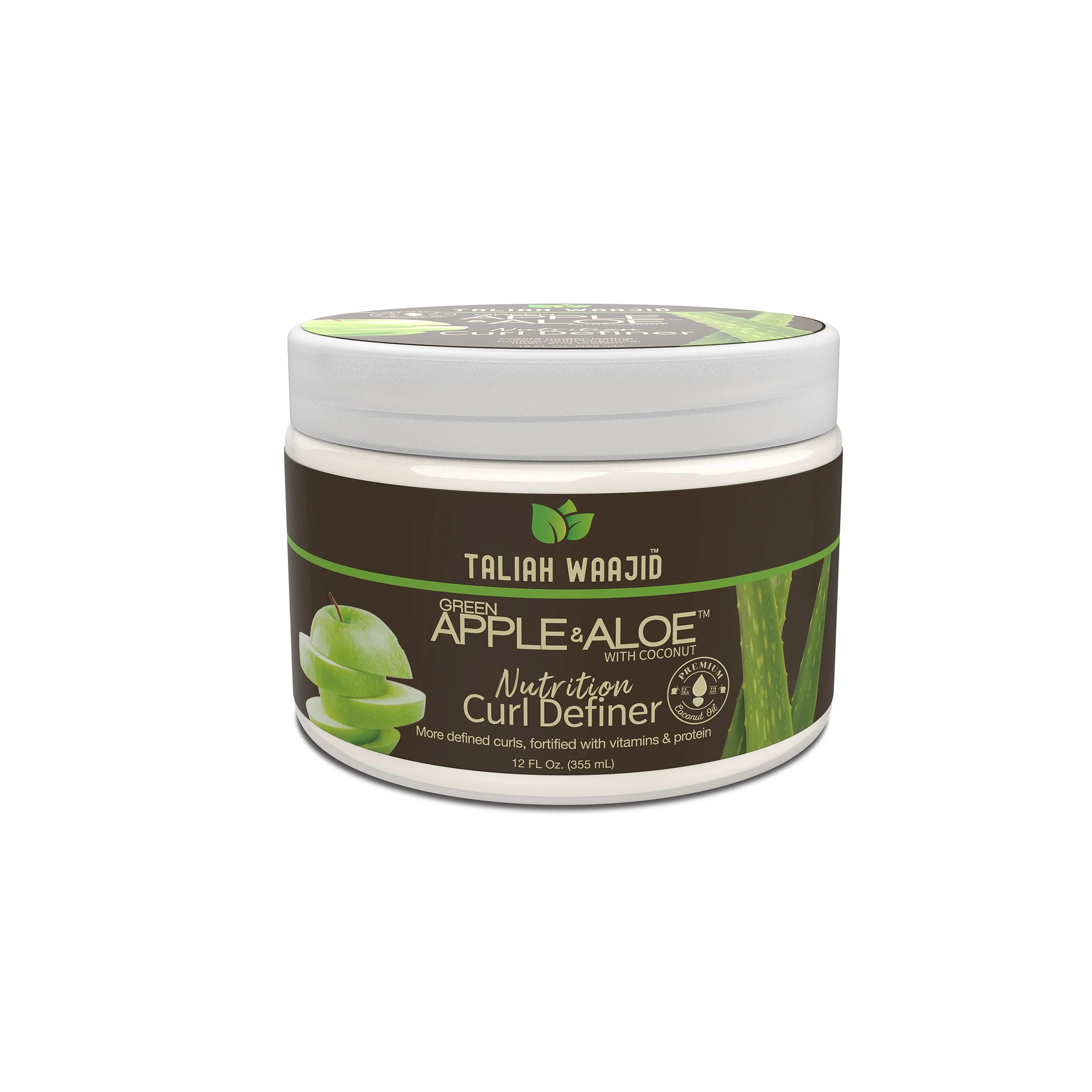 Taliah Waajid Green Apple & Aloe Nutrition Curl Definer i rund krukke med mørk etiket, grønne æbler og aloe vera til definerede krøller.