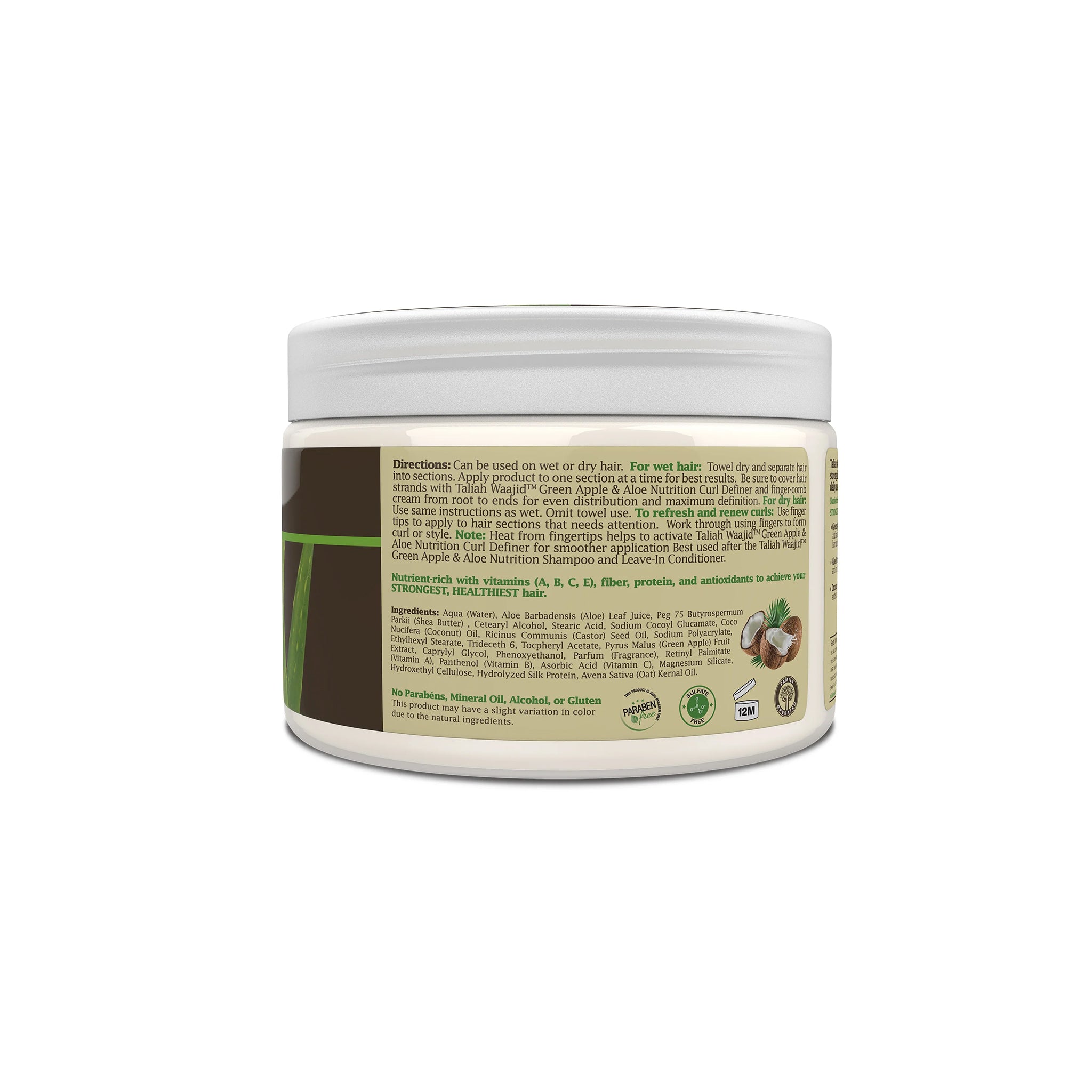 Bagsiden af Taliah Waajid Green Apple & Aloe Nutrition Curl Definer med detaljeret brugsvejledning og ingrediensliste på beige etiket med kokosmotiv.